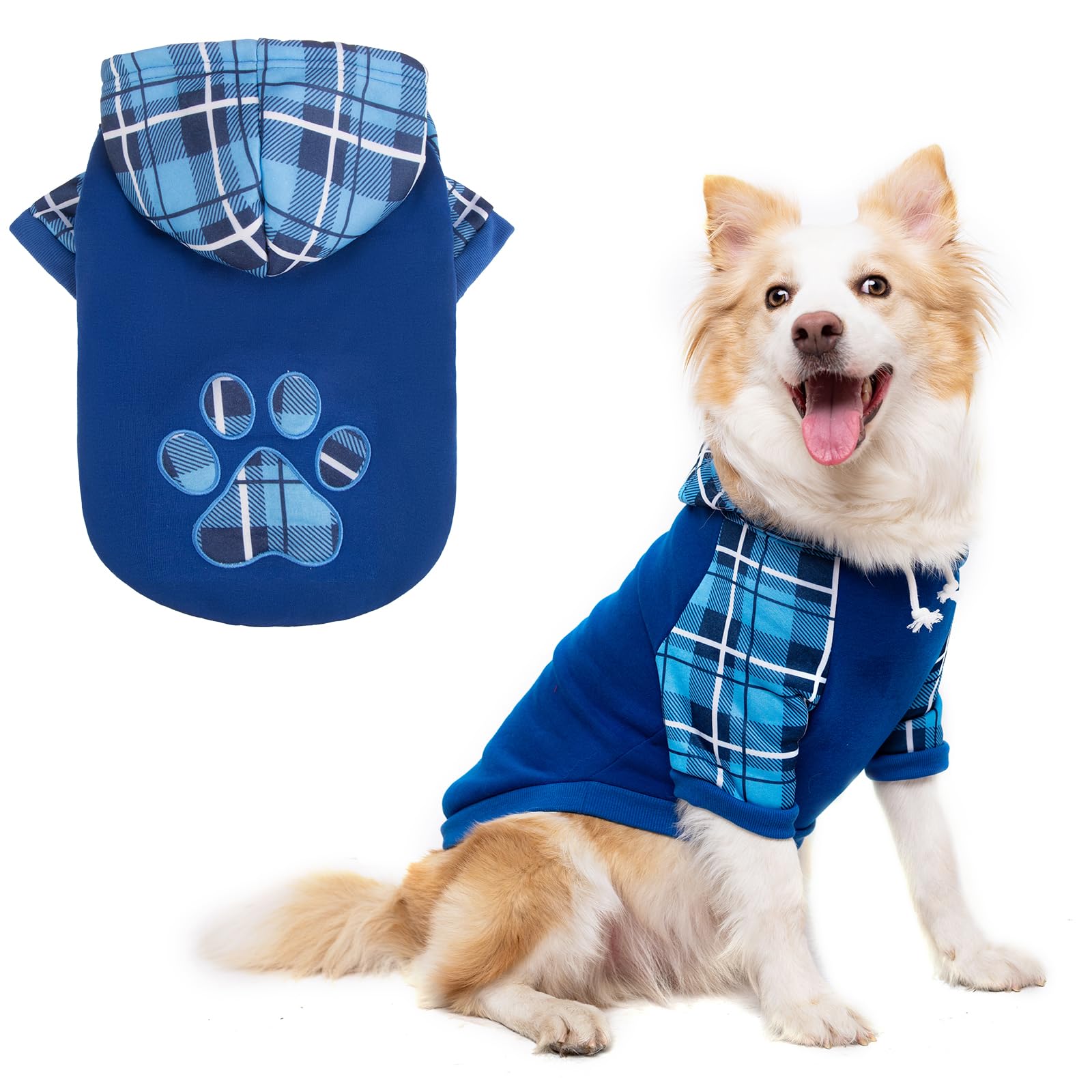 KOOLTAIL Plaid Dog Hoodie Pet Jumper with Hat and Pocket, Soft Winter Warm Coat for Small Medium Large Dogs, Fleece Dog Clothes, Blue Paw XL — image 1