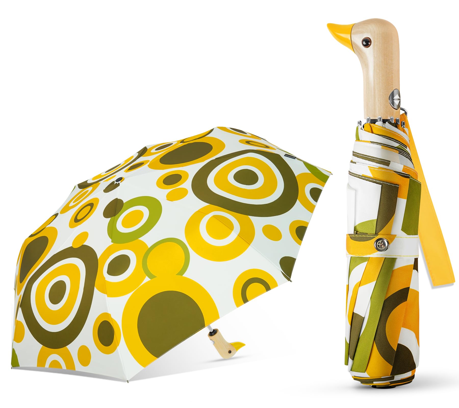 Natuquebrela Cute Duck Umbrella Automatic - Compact Pretty Pocket Size Strong Duck Collapsible Umbrella Yellow Wooden Handle for Women