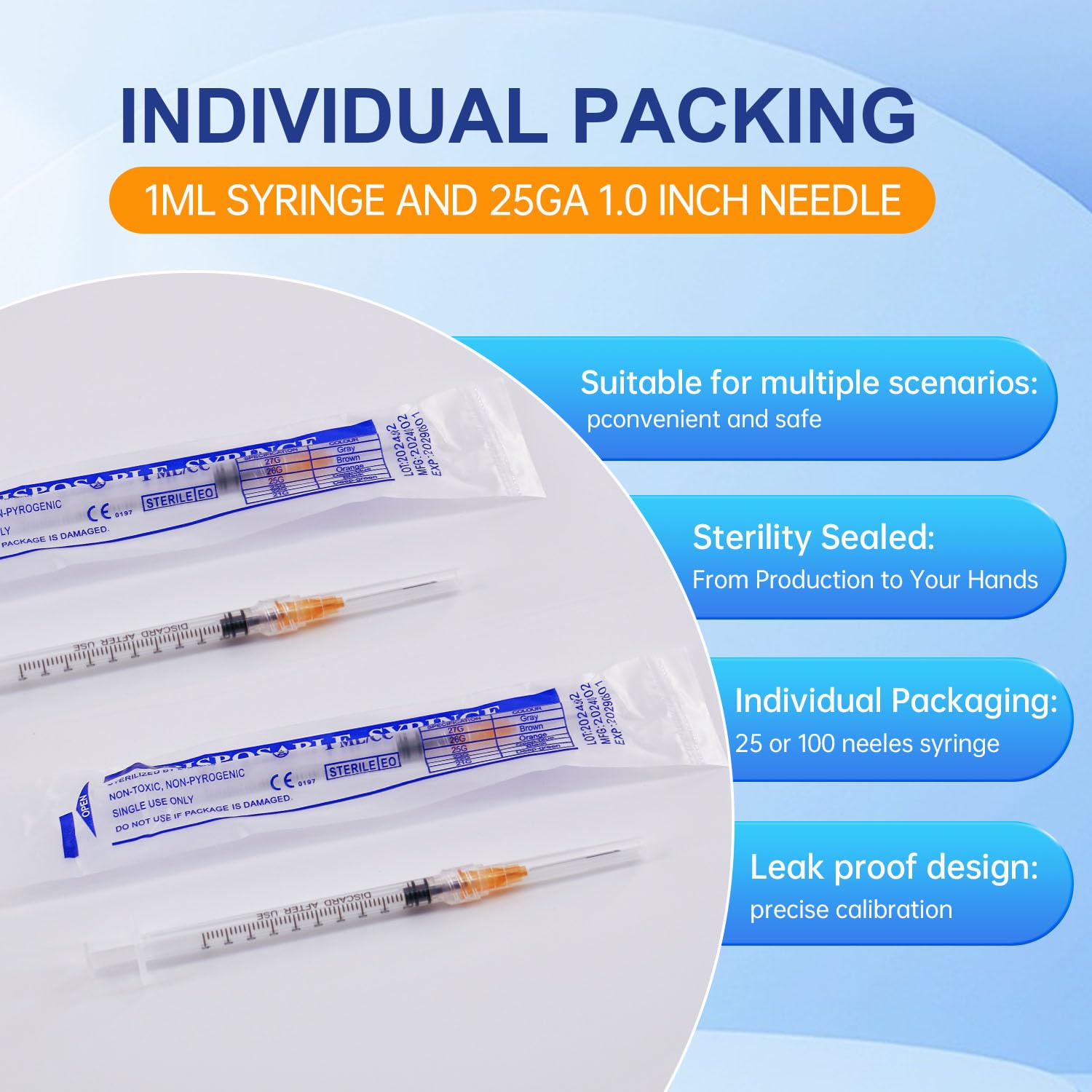ZWCP 1ml Syringes with Needles 25G 1 Inch, Sterile Individually Wrapped, 1cc Syringe Luer Lock Tip, 30-Pack Scientific Lab Use — Amazon image 3