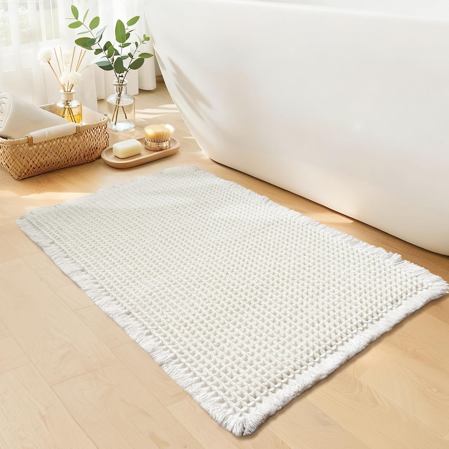 GRLYUH White Bathroom Rugs, Waffle Bath Mat Non Slip Washable, Super Absorbent & Quick Dry, Boho Bath Mat Farmhouse Bathroom Decor, 20'' x 32'', White