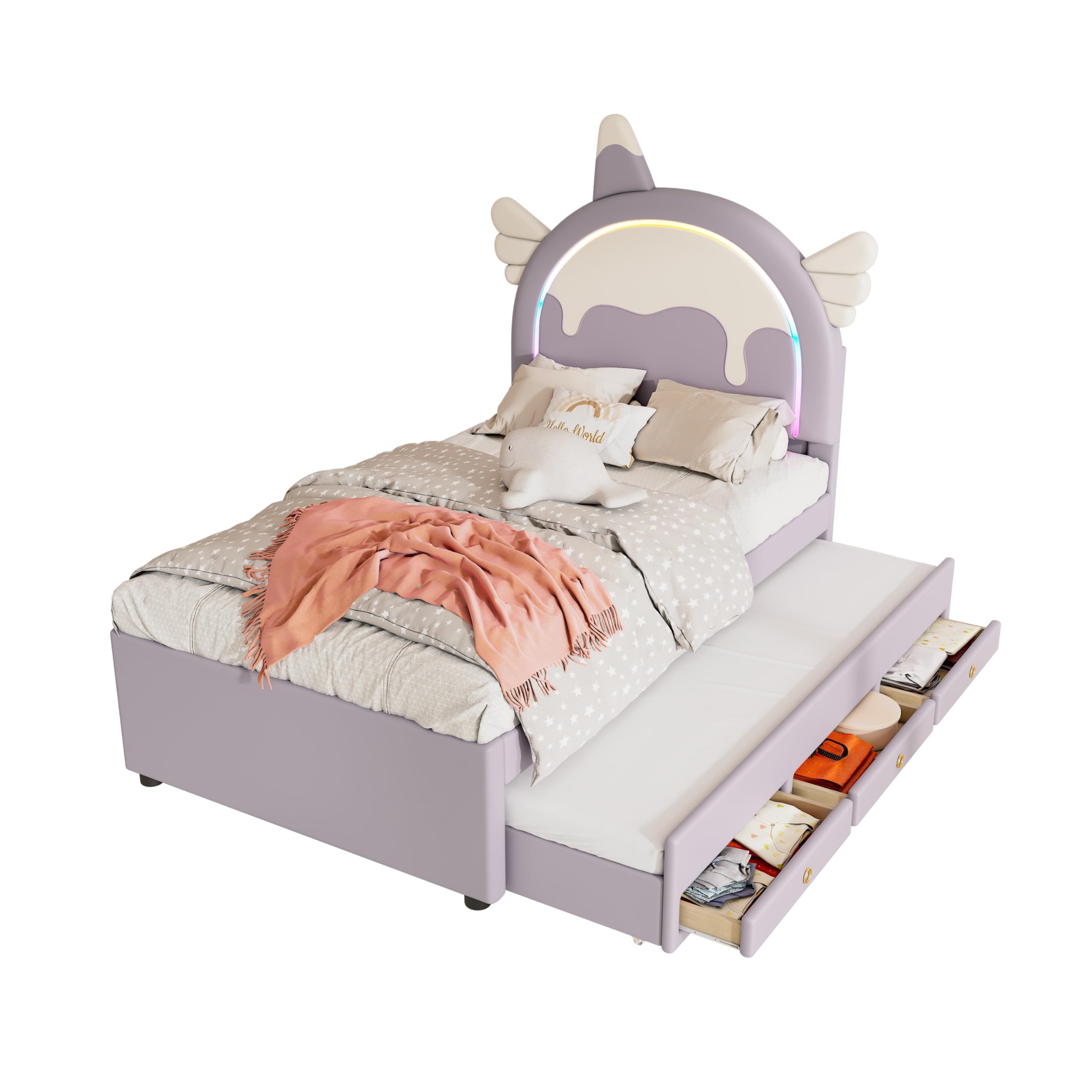 Azkoeesy Cama Infantil tapizada de 90 x 200 cm en Forma de Unicornio, con Cama Nido y 3 cajones, cabecero LED y Somie, para niña y Adolescente, Funda de Poliuretano, Color Morado