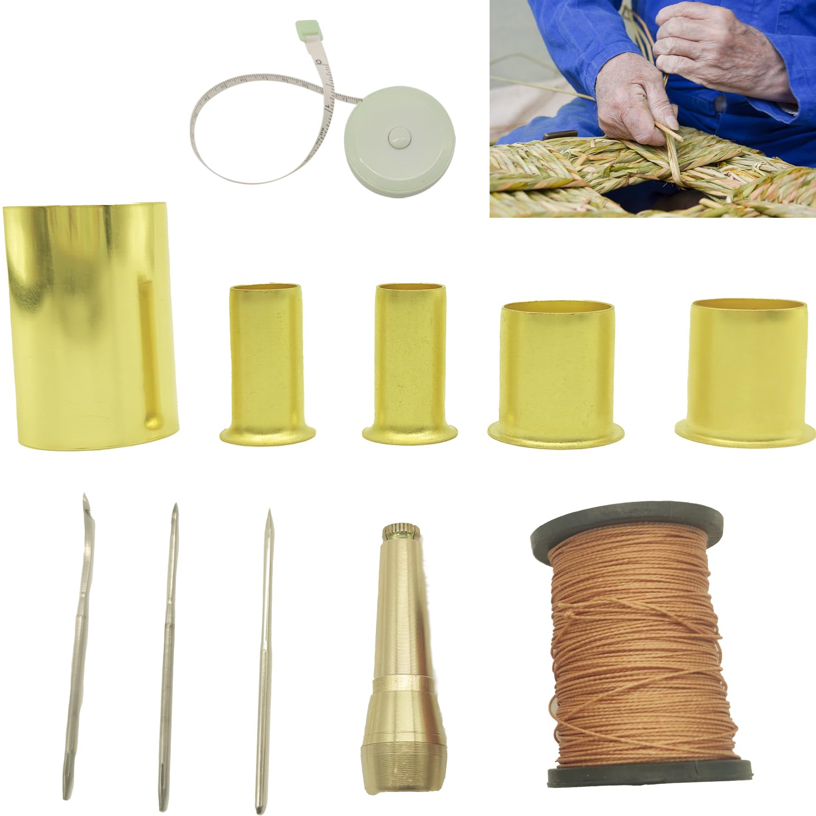 Kit de 5 herramientas para enrollar agujas de pino y tejer cestas, con 3 agujas de ojo grande, 1 juego de hilos y 1 regla suave.