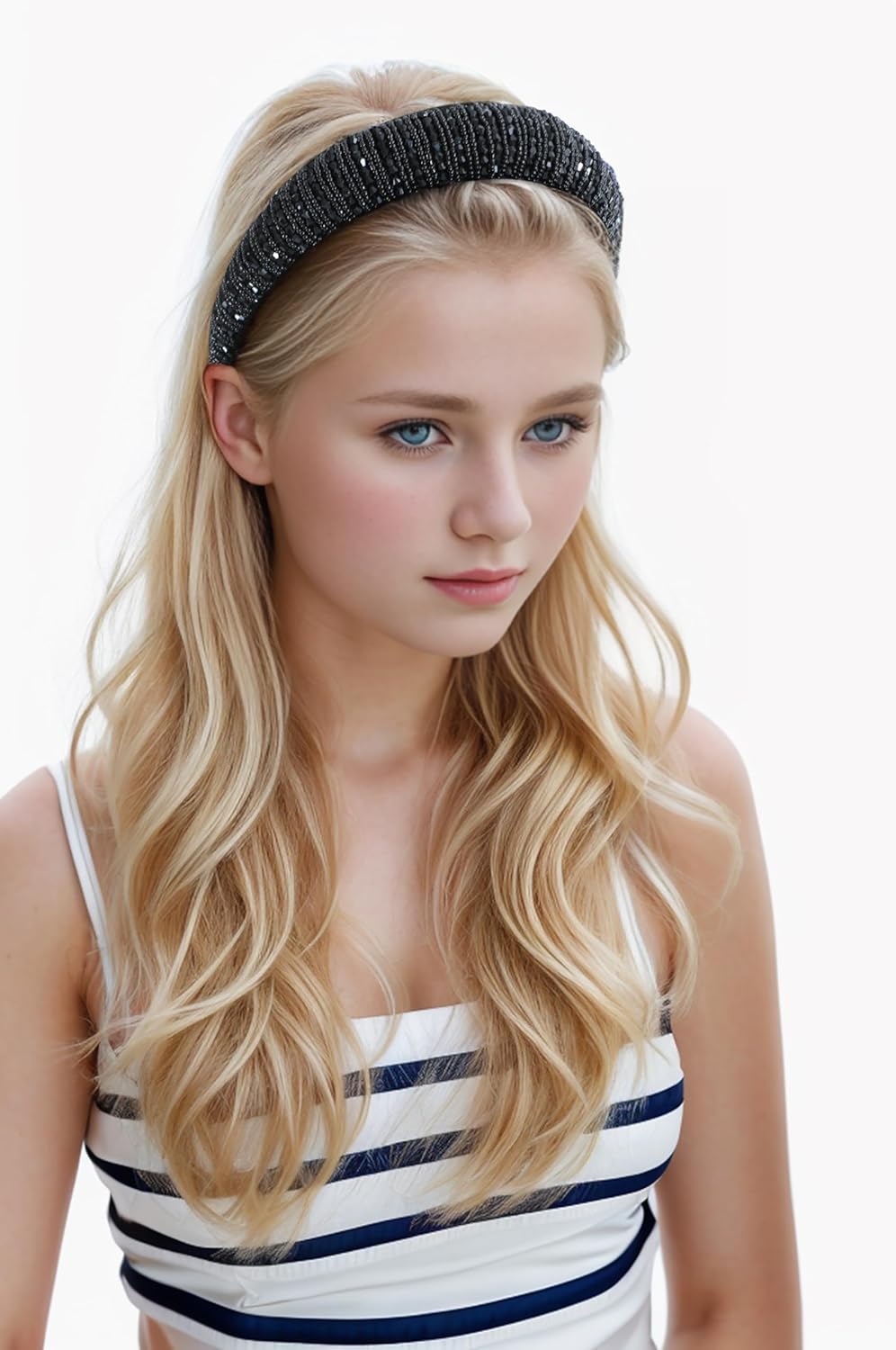 Beaded Rhinestone Headband for Women Girls Fashion Sparkly Crystal Headband Bling Thick Padded Hairband Fancy Jeweled Head Band Holiday Glitter Hair Accessories A-Black - Image 6