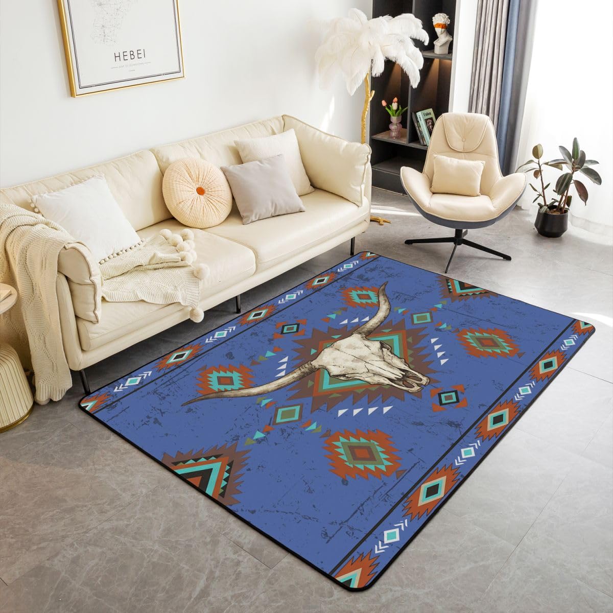 Homewish Bull krowa czaszka dywaniki 100 x 150 cm do sypialni salonu - zachodni nowoczesny dywan podłogowy południowo-zachodni boho duże dywany etniczne plemienne geometryczny aztecki niegubiący dywan