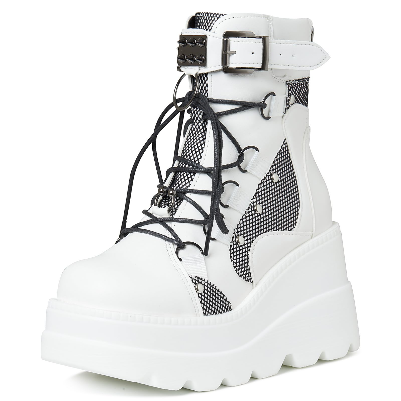 Tscoyuki Platform Ankle Boots for Women Chunky High Heel Booties Goth Round Toe Combat Boots Women Lace Up Motorcycle Wedges