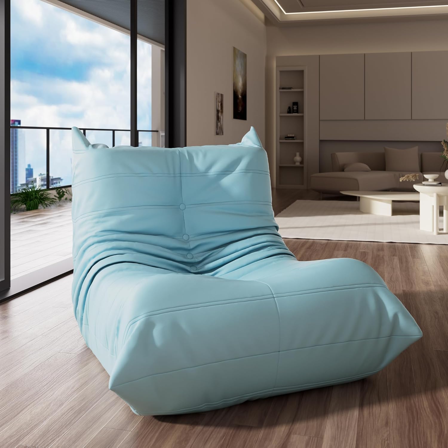 Morden Fort Big Bean Bag Chair for Adults, Faux Leather Bean Bag Sofa, Memory Foam Lounge Chairs with Ergonomic Design, Lazy Togo Chair for Living Room, Bedroom, Dorm, Office(Blue)