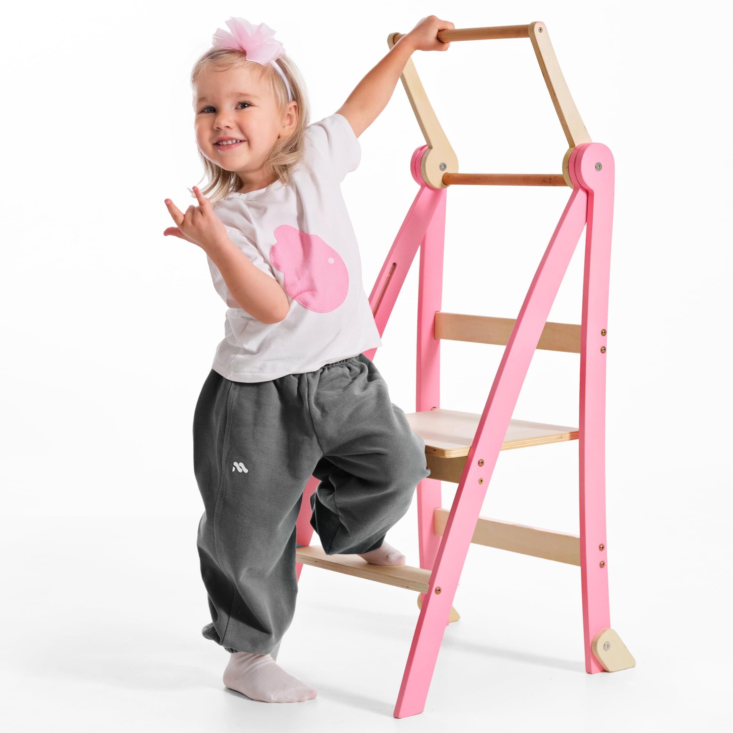 Goodevas Torre di apprendimento in legno Montessori salvaspazio : scala pieghevole in pelle, sgabello per bambini, scala pieghevole per bambini, scala di apprendimento con protezione antiribaltamento
