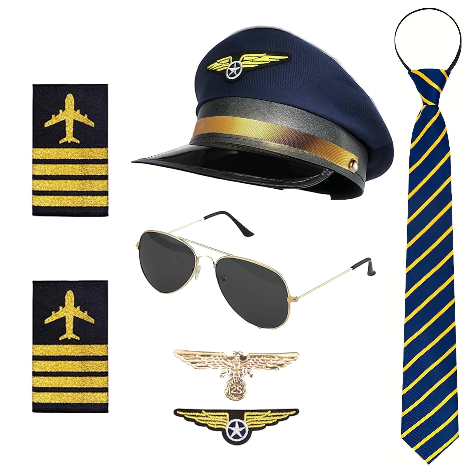 Accesorios de disfraz de capitán piloto, juego para carnaval, rayas, sombrero y gorro de piloto, insignias, para hombres adultos (Azul)