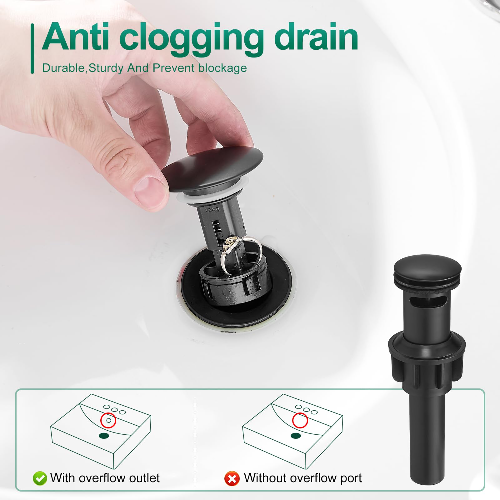 Grifo de Lavabo de baño Negro Mate, Monomando de Acero Inoxidable para lavabos de 1 o 3 Orificios con encimera, desagüe emergente y mangueras de Suministro.
