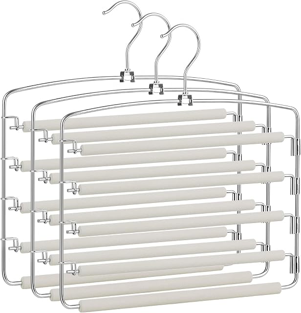 SONGMICS Trousers Hangers, Set of 3 Space-Saving Multi-Bar Metal Pants Hangers, Stable with Non-Slip Padding, Swing Bars for 5 Jeans Each, Suit Pants, Scarves, Ties, Grey and Silver CRI041GY