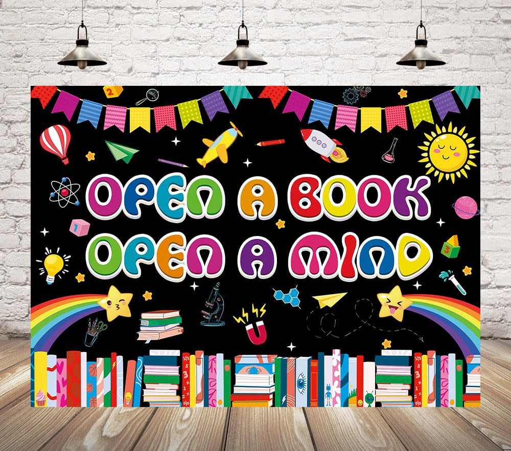 Open a Book Open a Mind Reading Backdrop Read Across America Day Background World Book Day Reading Library Classroom Decorations Banner Photo Props (7x5FT(82 x 59 inch))