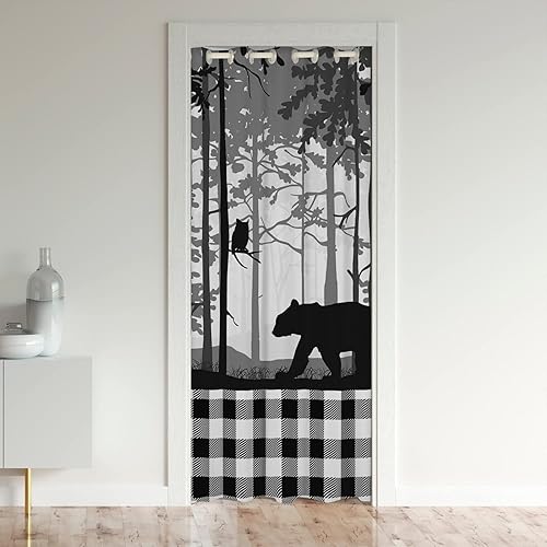 Castle Fairy Cortina de puerta con estampado de oso de 42 pulgadas de ancho x 80 pulgadas de largo, estilo retazos de cuadrícula negra y blanca,