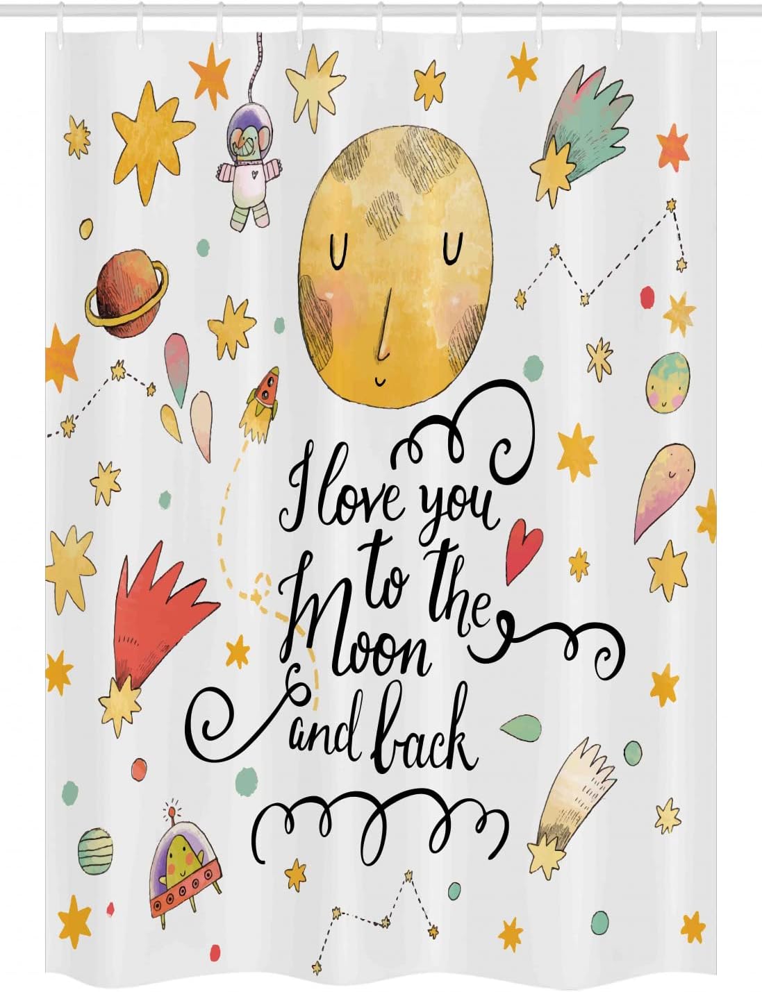 Ambesonne Star Stall Shower Curtain, I Love You to The Moon and Back Romantic Words Cartoon Planets Moon Astronauts, Fabric Bathroom Decor Set with Hooks, 54" W x 78" L, Mustard and Brown
