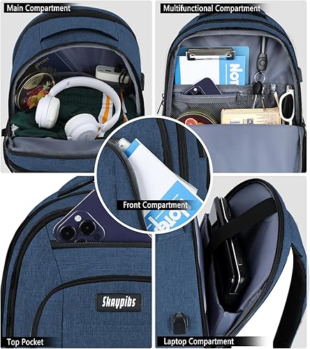 Miniatura 5 de Mochila para hombres y mujeres, mochila de viaje para laptop de 15.6 pulgadas, mochila escolar universitaria con puerto de carga USB, azul