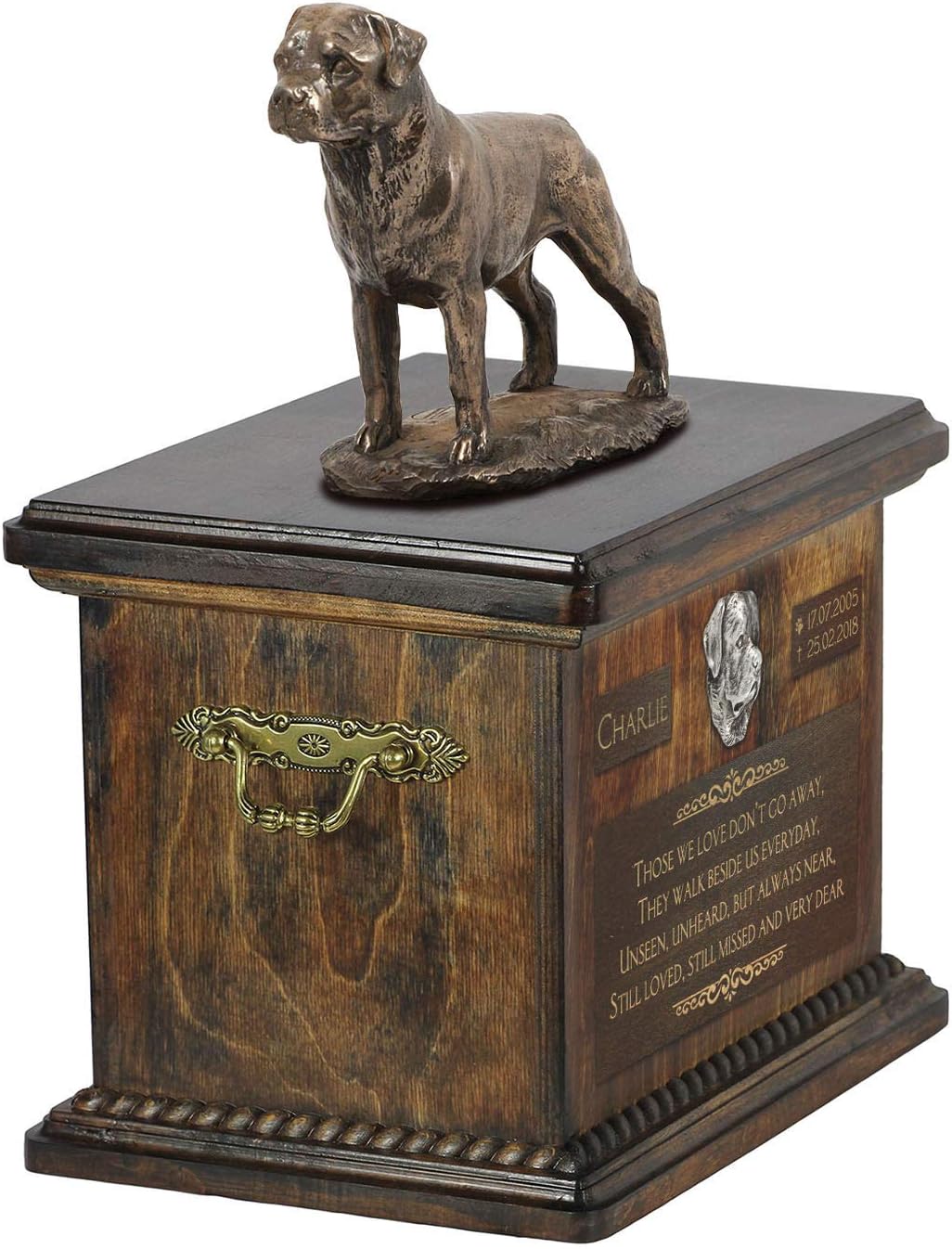 Art-Dog Custom Dog Sitting Statue Memorial Urn - Handmade Cold Cast Bronze on Birch Base – Sturdy and Stylish Urn for Dog’s Ashes – 8.3x11.4x8.7 – 5l – Rottweiler