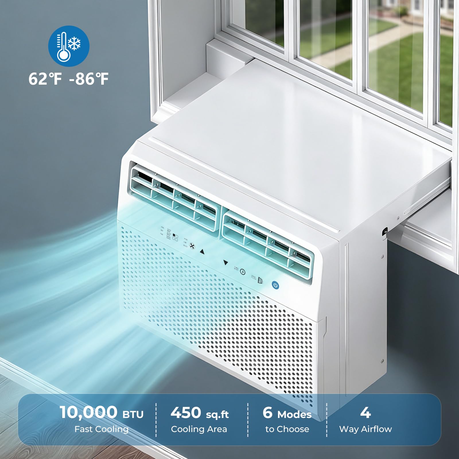 Condition photo showing New/Like New for u-shaped window air conditioner, 10,000 btu window ac unit cools up to 450 sq. ft for bedroom/living room, saddle ac unit with full window view, quiet & energy saving, installation kit included