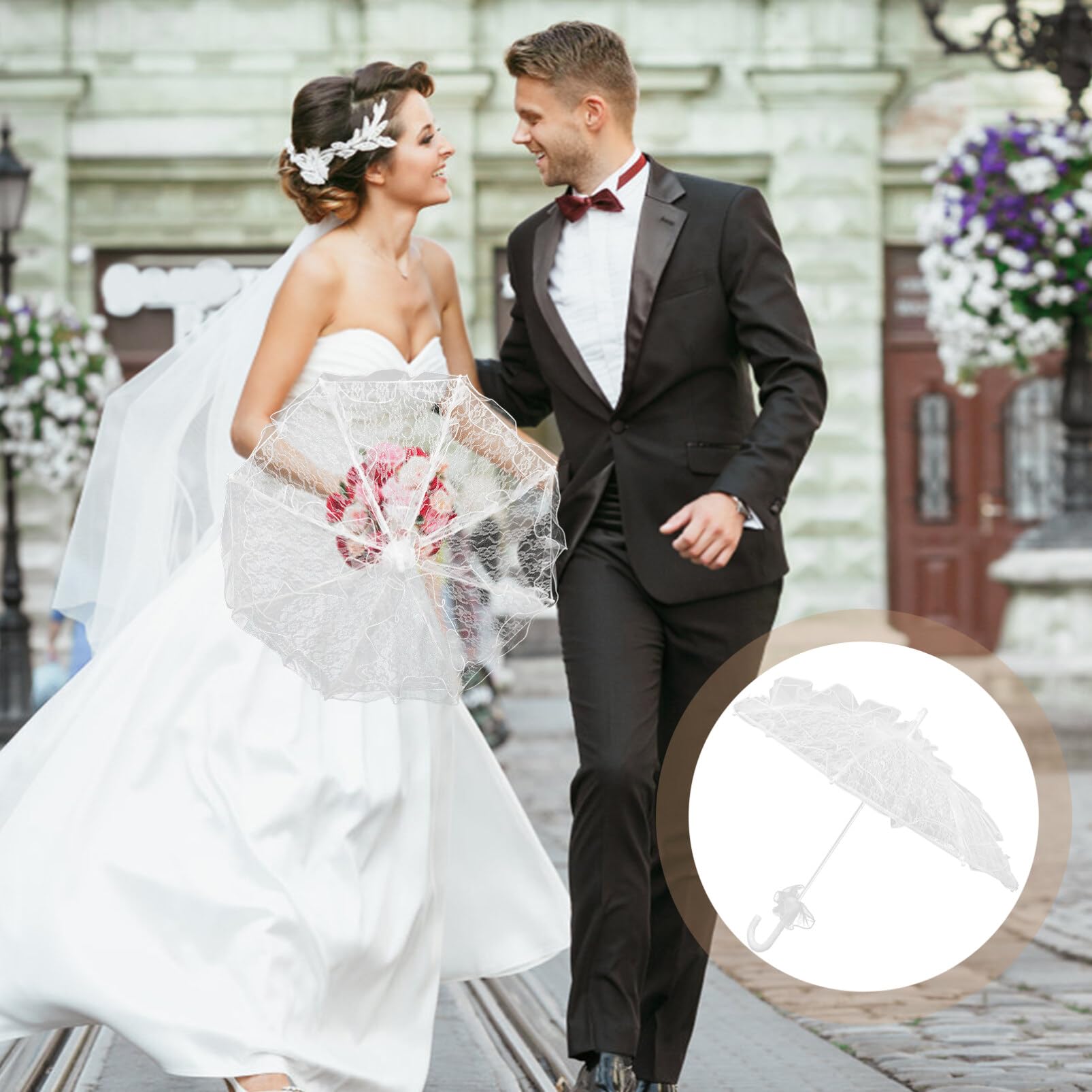Haofy Ombrello In Pizzo Vintage Per Sposa – Manico In Legno, Colore Bianco, Per Matrimoni E Fotografia