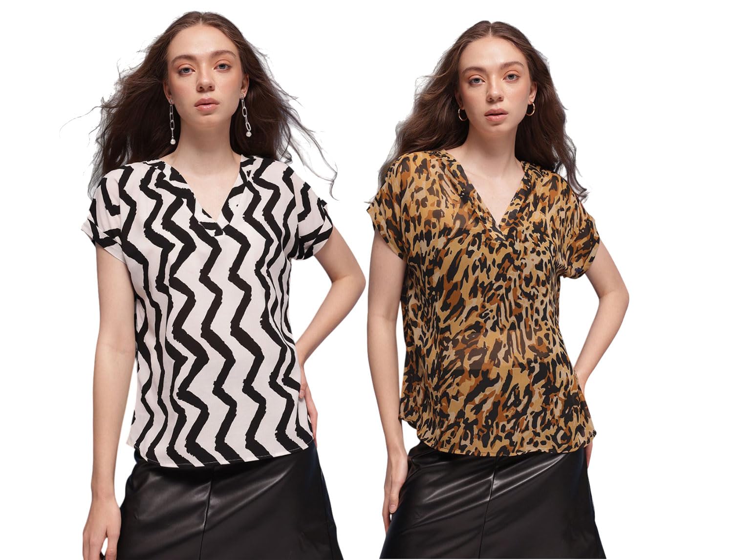 amazon brand - inkast Women's Floral Regular Fit V-Neck Blouse | T-Shirt | Tops (Pack of 2)-picture-34