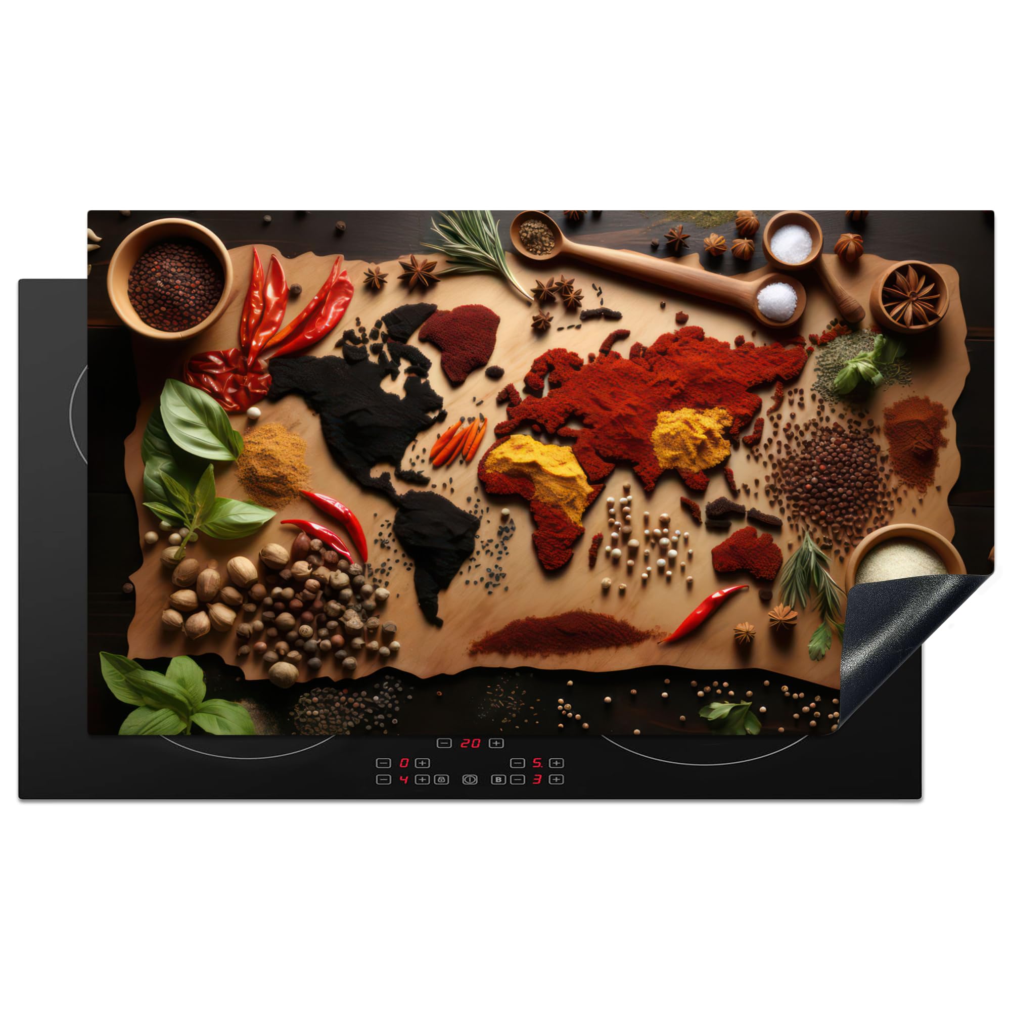 KitchenYeah© Induction Hob Protector Mat 20.3"x35.3" / 89.6x51.6 cm Stove Cap Top Cover Kitchen Cooker Covers for Electric Hobs Vinyl Herbs - Spices - World Map - Brown - Spoon - Colourful