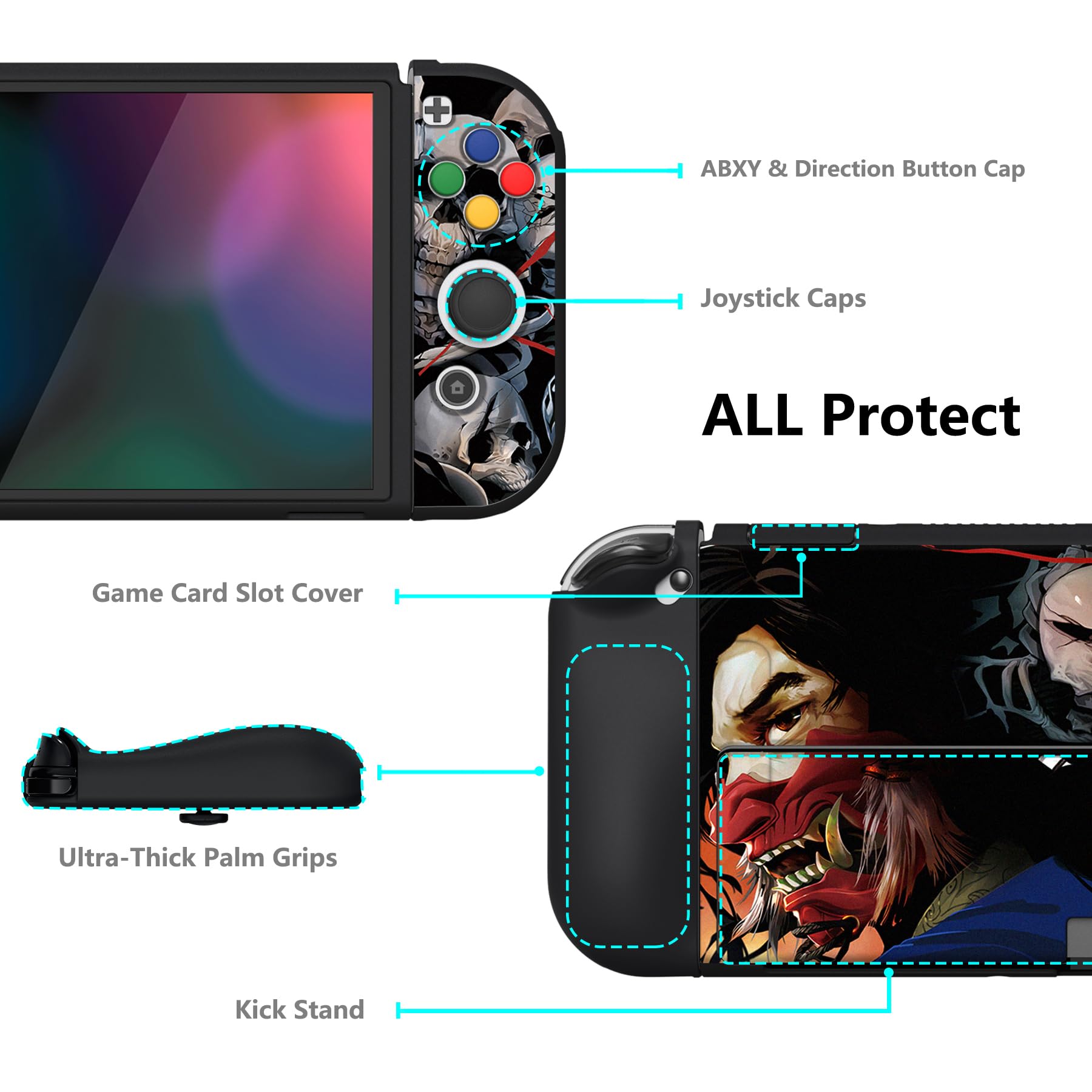 playvital Cover Custodia per Nintendo Switch OLED,Copertura Morbida TPU Protezione per Joycon Console con Copri Analogici/Tasti(ZealProtect)-Fantasma di Samurai