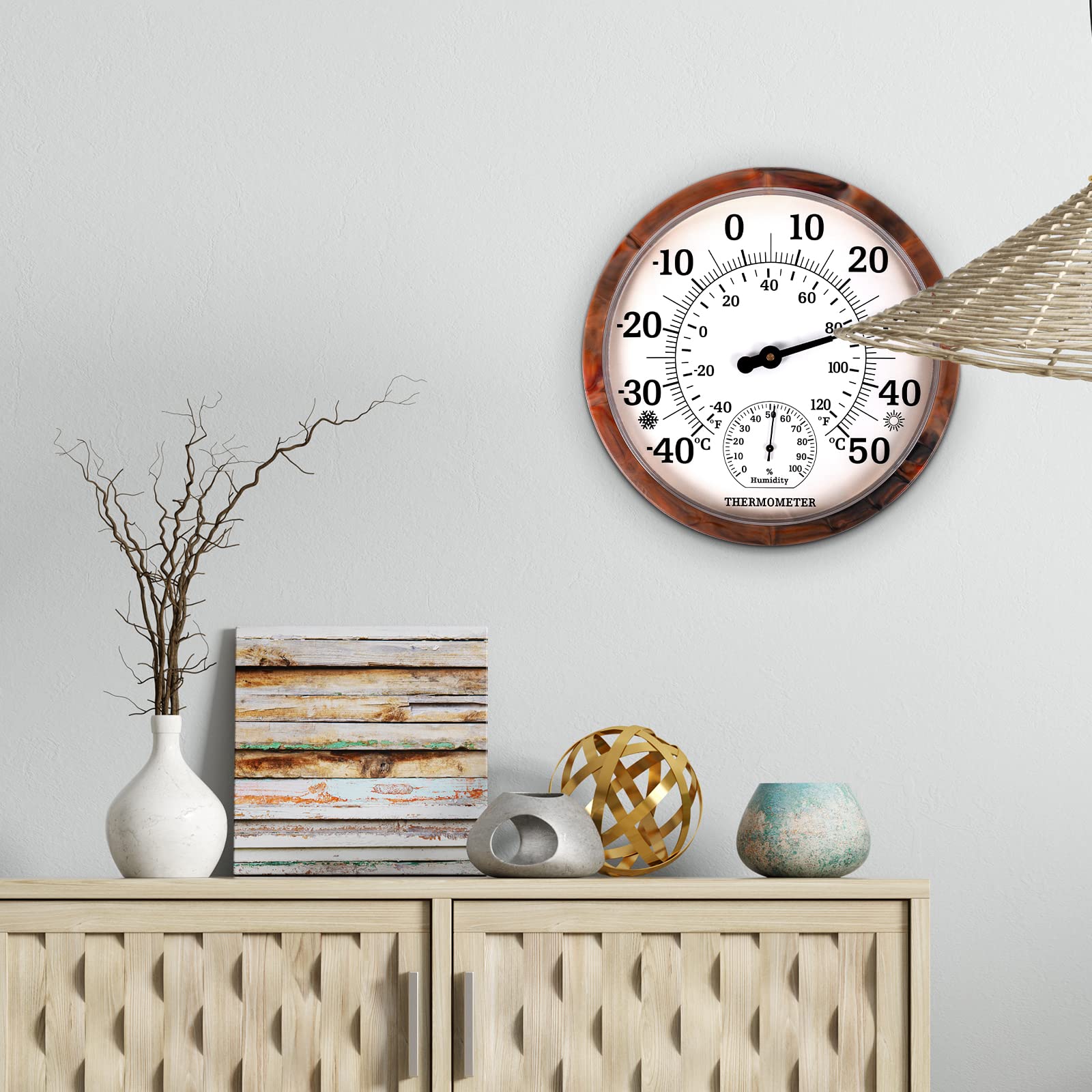 Indoor Outdoor Thermometer Hygrometer - 10 Zoll Außenthermometer Große Zahlen, 2 in 1 Thermometer Hygrometer, Außenthermometer für Terrasse (Brown)