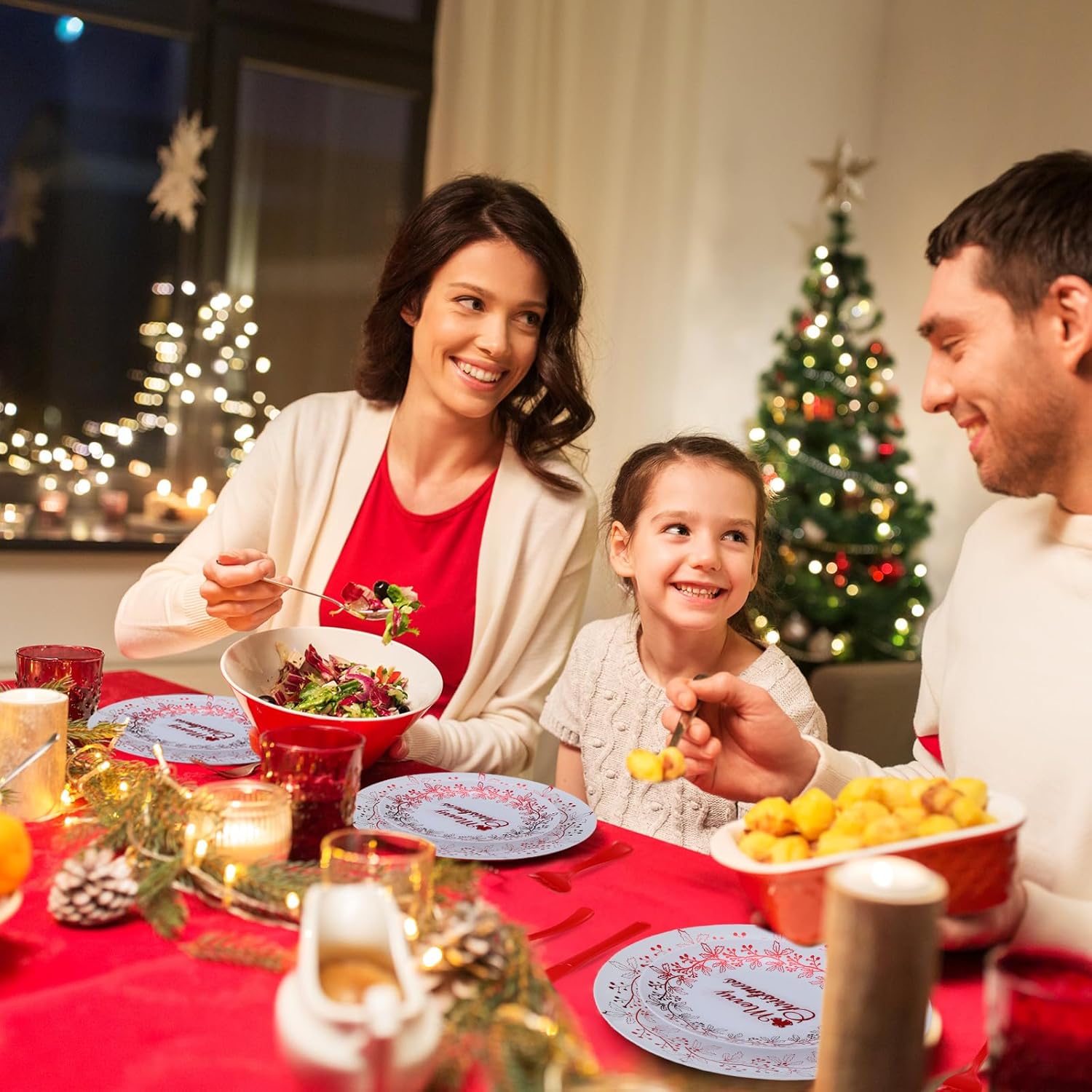 Shellwei 210 Pcs Christmas Plastic Dinnerware Set, Xmas Disposable Plates Include 30 Dinner Plate 30 Cup 30 Dessert Plate 30 Paper Napkins 30 Fork Knive Spoon Supplies for Xmas(Red White,Red Garland)