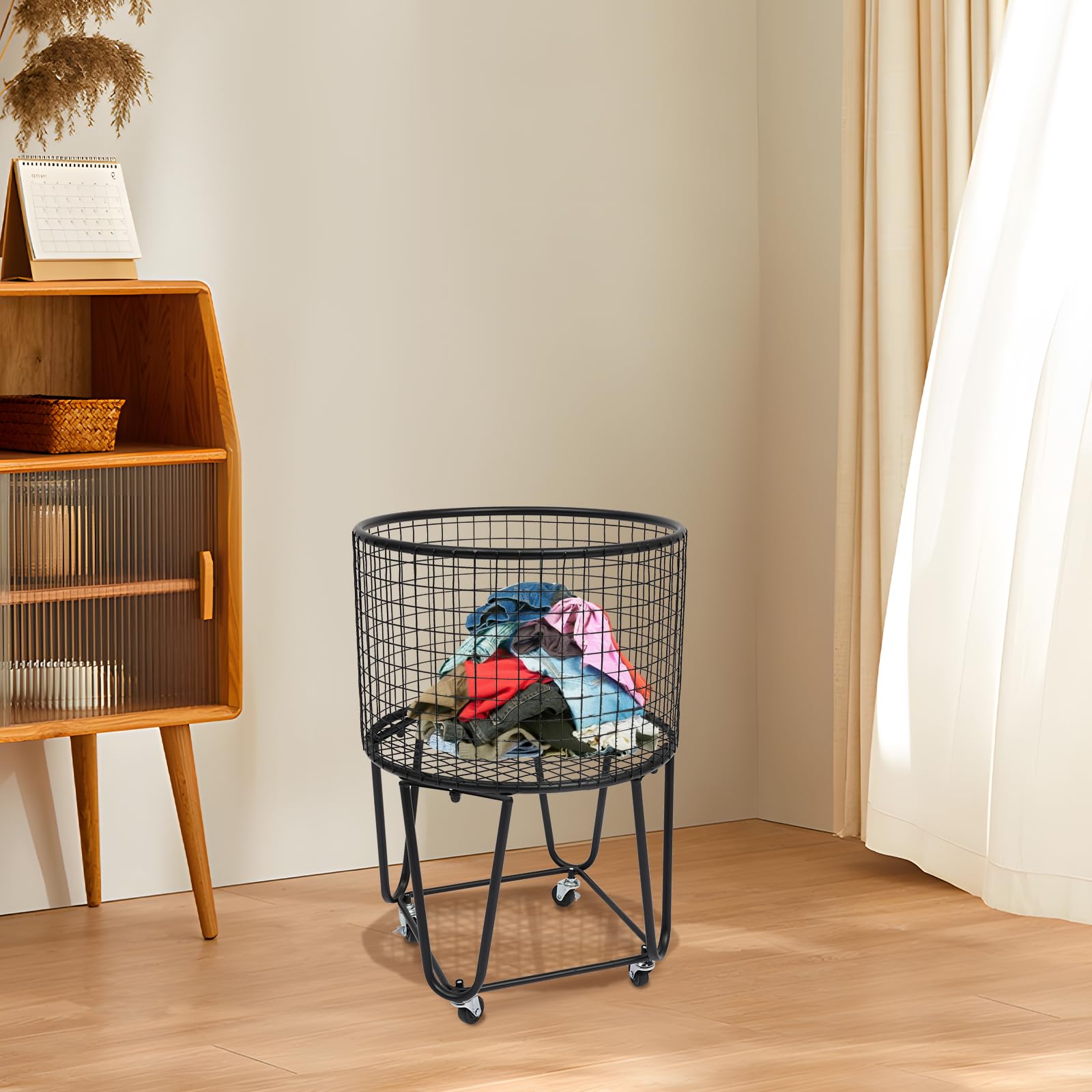 Cesto Portabiancheria con Ruote, Carrello Portaoggetti in Rete Metallica Maniglie, Contenitore Mobile per La Selezione dei Vestiti, Organizer Biancheria Filo Metallico Black Round