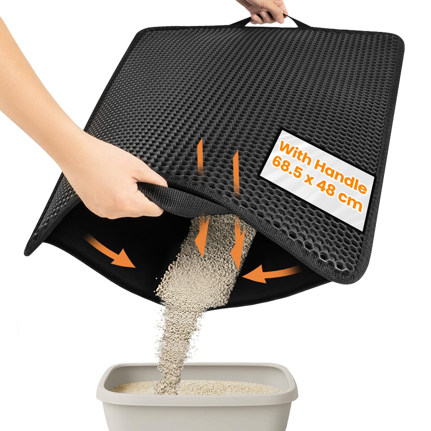 Conlun Cat Litter Mat, 68.5x48cm Honeycomb Double Layer Urine & Waterproof Litter Trapping Mat, Easy to Clean, Non-Slip Cat Waste Tray Matt for Floor, Black