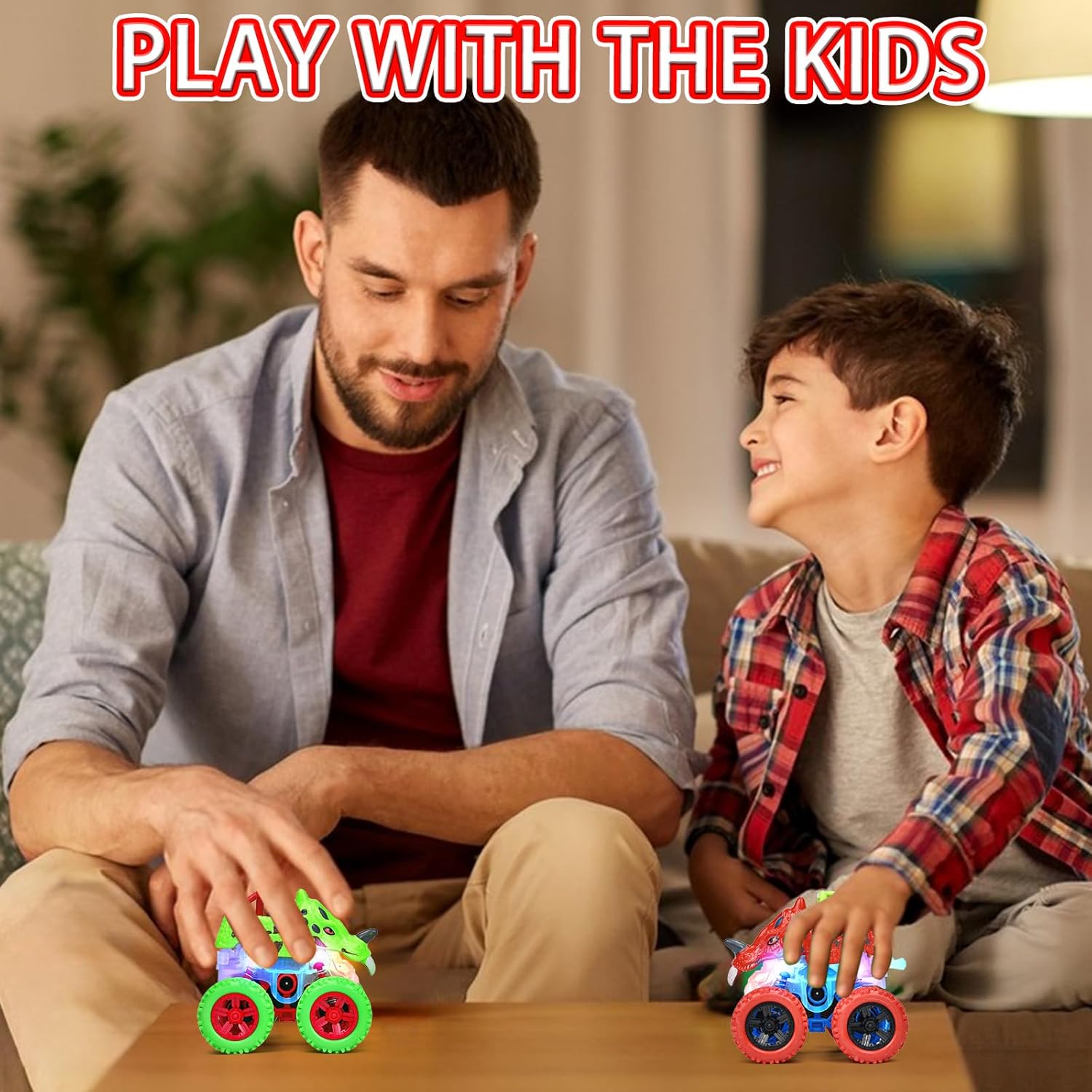 Dinosaur Toy Gift for 2 Years Old Boys, Pull Back Monster Truck Toy Car, 360° Stunt Car for 2-5 Years Old Toddler, Christmas Birthday Party Gift for 2-6 Years Old Toddler Boys (Red)