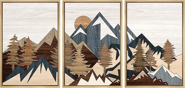 SIGNFORD Mountain Framed Wall Art, Abstract Wall Art, Rustic Wall Art, Forest Wall Art, Landscape Wall Art - 16"x24"x3 Panels