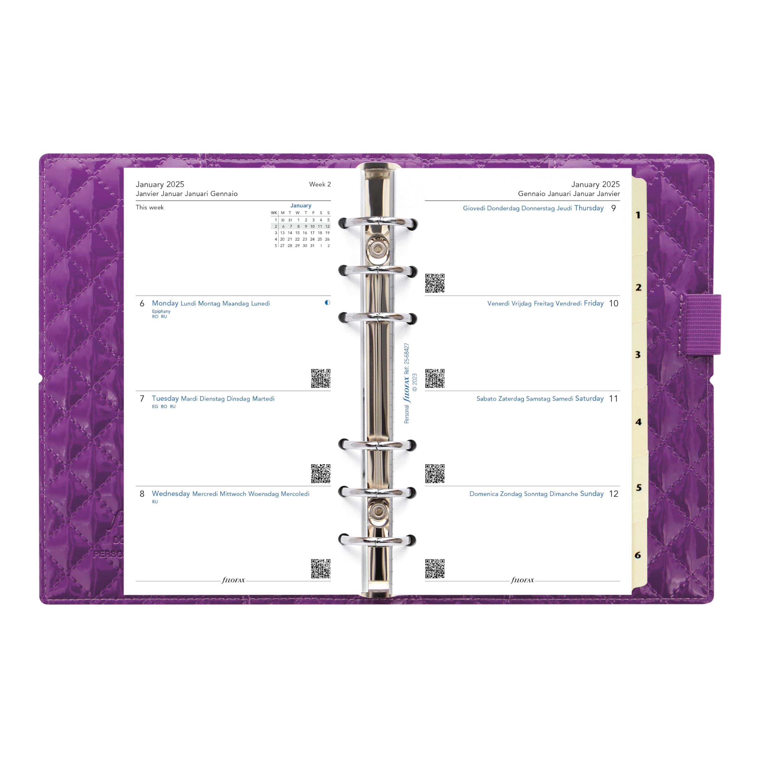Filofax Domino Luxe Organizer, persönliche Größe, lila - Hochglanz, Steppeffekt, Pariser inspiriert, Sechs Ringe, Wochenansicht, Kalender, Terminplaner, mehrsprachig, 2025 (C027989-25)