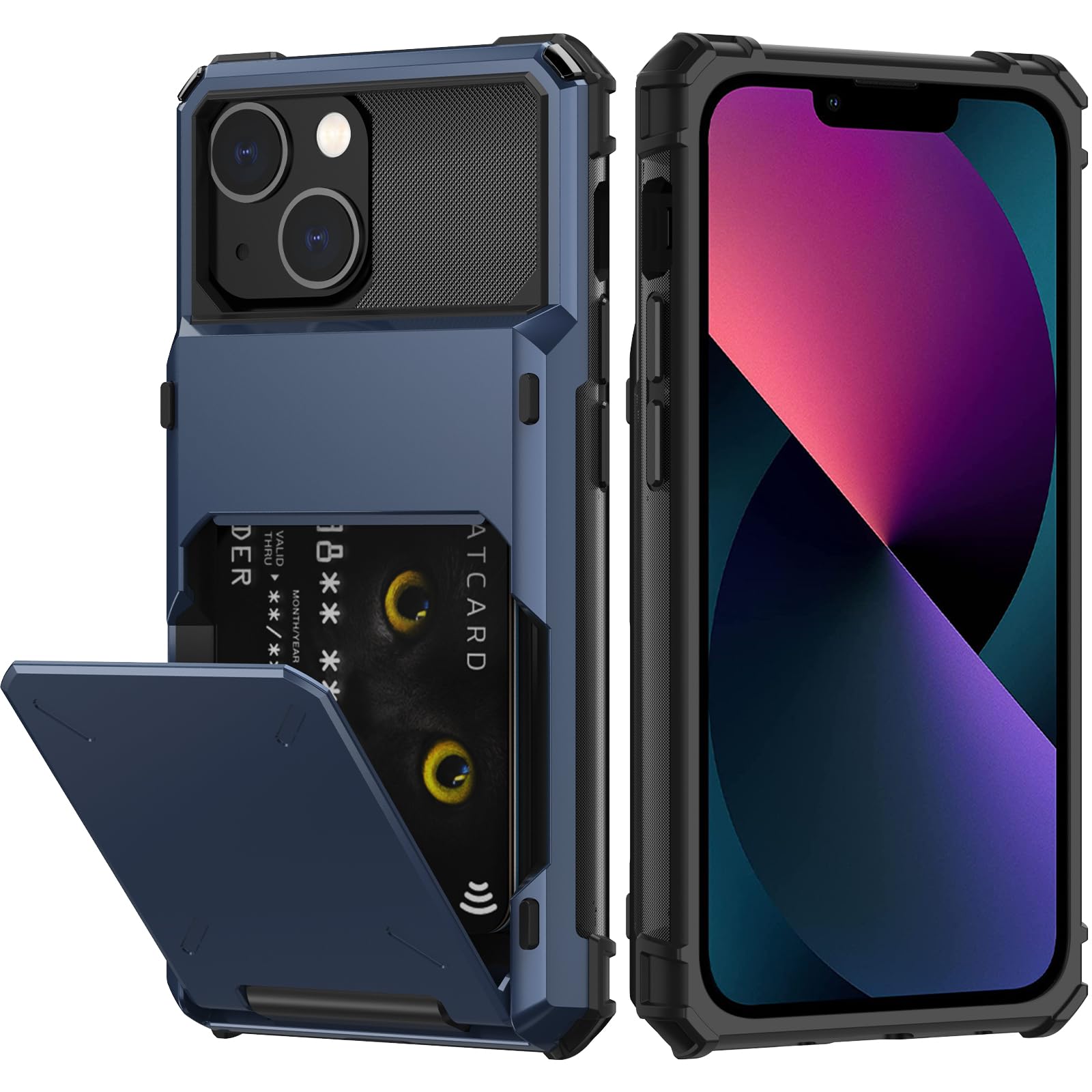 NvollnoeNvollnoe for iPhone 13 Mini Case with Card Holder[Store 5 Cards] Dual Layer Heavy Duty Shockproof Wallet Case with Hidden Card Slot Large Storage Case for iPhone 13 Mini(Blue)