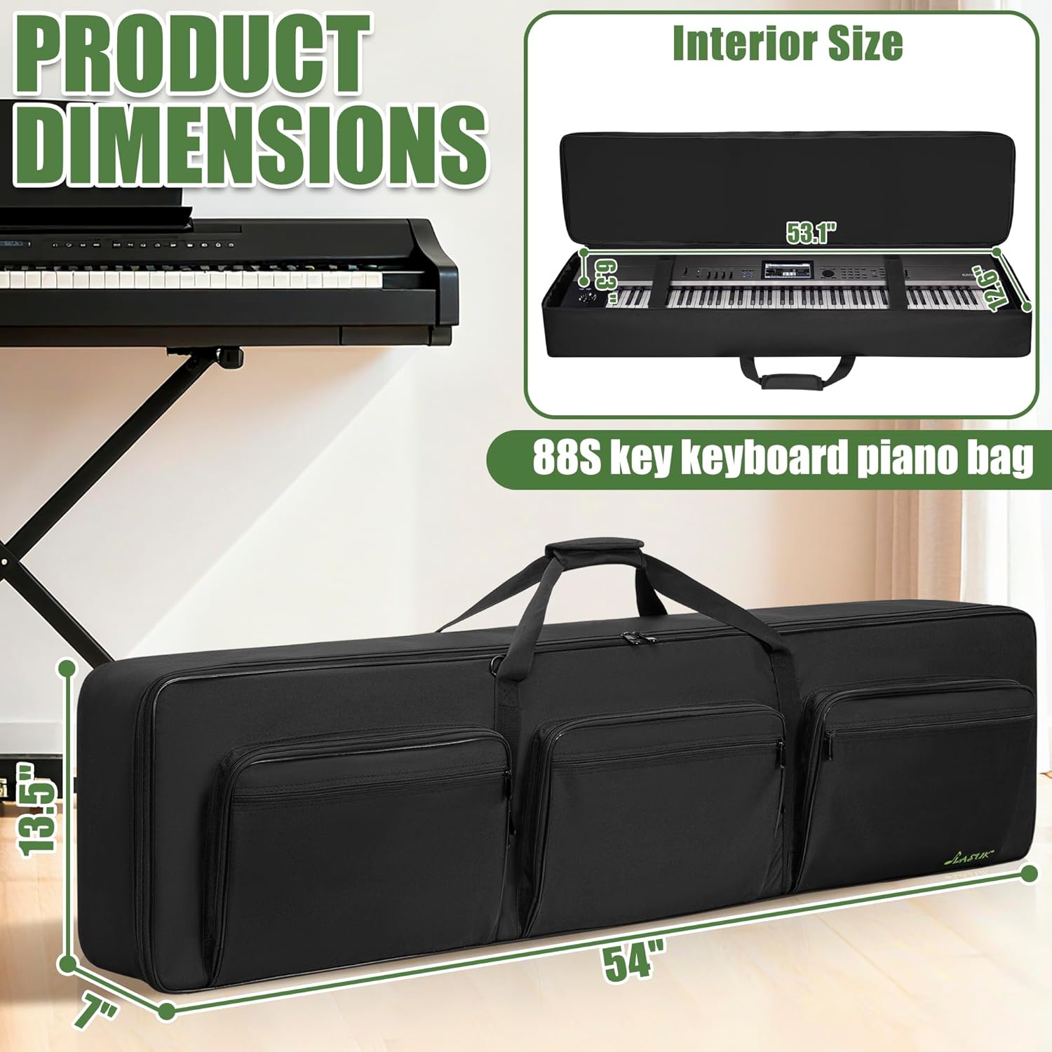 88 key Keyboard Case (Size:54"x7"x13.5"), Keyboard Gig Bag Case with Adjustable Straps and 6-Pocket for Keyboard Accessaries, 88 key Electric Piano Keyboard Gig Bag