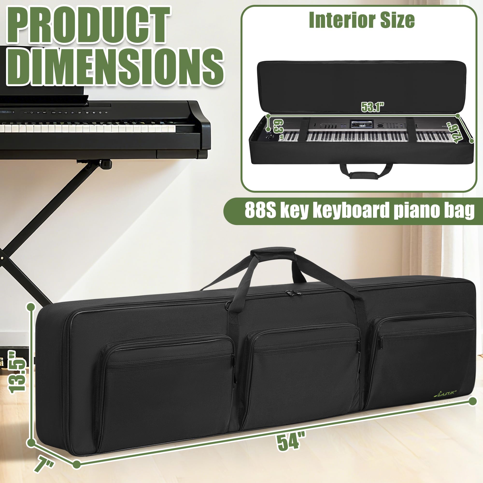 OUUTMEE Funda para teclado, funda acolchada portátil para teclado de piano eléctrico con algodón de 10 mm, funda para teclado de tela Oxford 600D, Black, 88 KEYS - 54x7x13.5 inches, Clásico