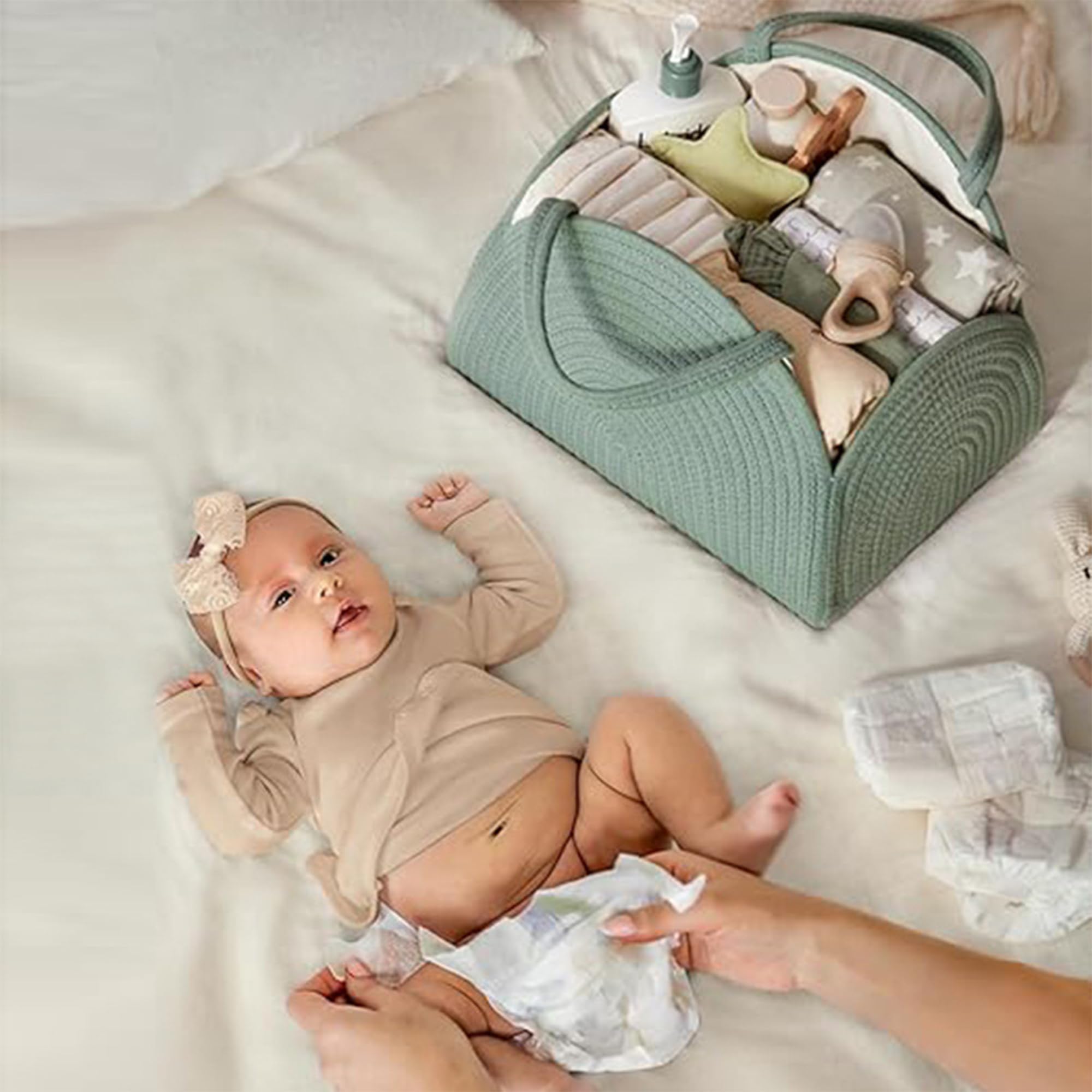 Cesta organizadora para fraldas de bebê, corda de algodão, cesta de armazenament