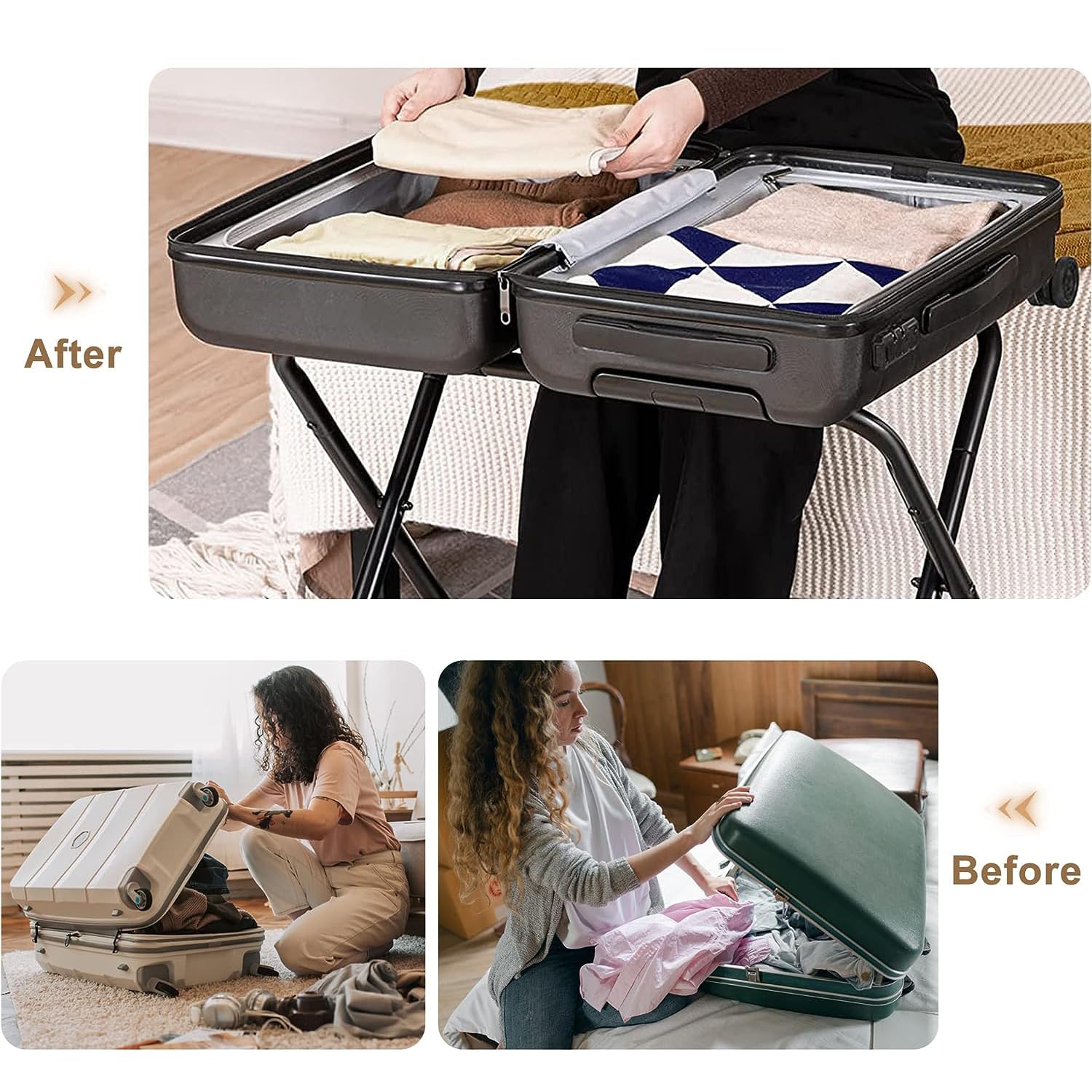 Set di 2 portavaligie pieghevoli con ripiano in metallo, 68 x 38 x 50 cm, portavaligie pieghevole in nero per borse e valigie, portavaligie adatto per camera, albergo