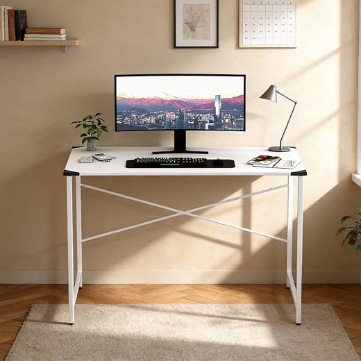 wow craft Study Table for Home | Computer Desk with White Metal Frame &amp; Engineered Wood Top | Space Saving Office Desk for...