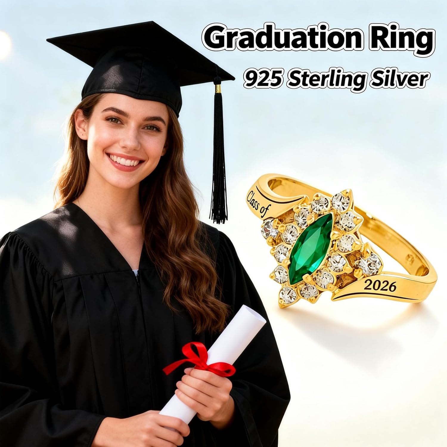 Class Ring for Women High School, 925 Sterling Silver College Graduation Rings, Personalized Women's Birthstone Rings, Senior Class of 2026 Ring Jewelry Gift Customizable