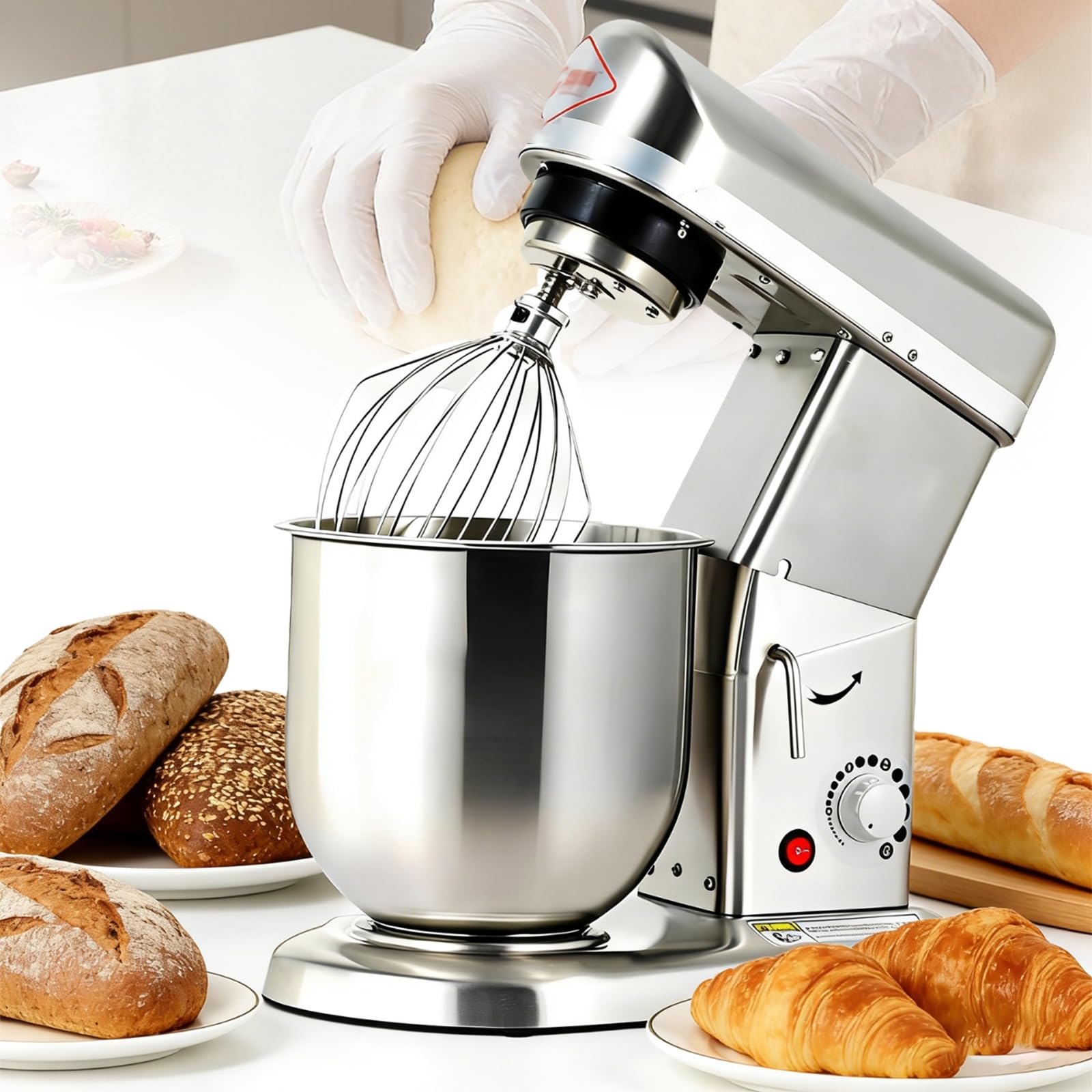 Impastatrice commerciale, 5L/7L/10L, impastatrice elettrica da cucina a 3 velocità per la cottura con ciotola, impastatrice per alimenti per pasticceria e pizzeria, impastatrice per torte(7L)
