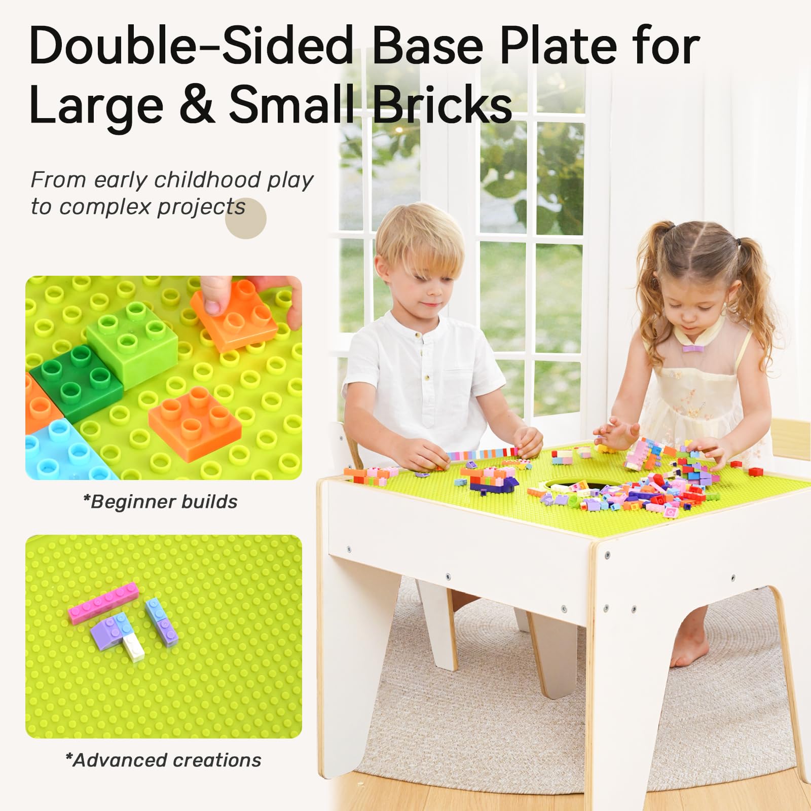 Juego de mesa y sillas para niños pequeños 4 en 1, mesas de juego para niños con almacenamiento, mesas sensoriales de madera con placa base de bloqueo de doble cara, mesa de actividades para 5