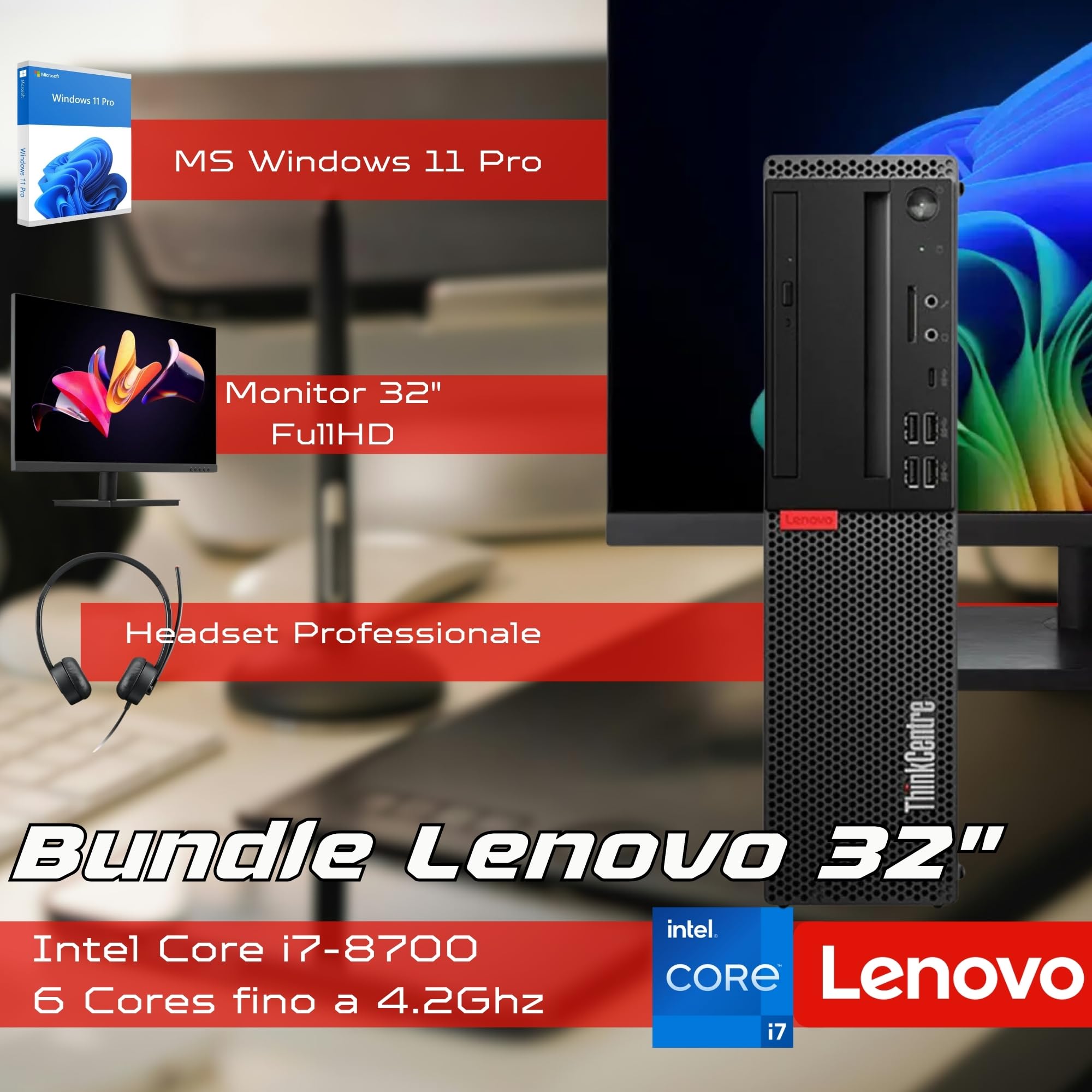 Lenovo Postazione ufficio completa Pc Desktop Intel Core i7 Fino a 4.70 Ghz | Ram 16GB | SSD 2000 GB | Monitor 32" FullHD con audio incluso Wifi Win 11 Cuffie Essential Stereo