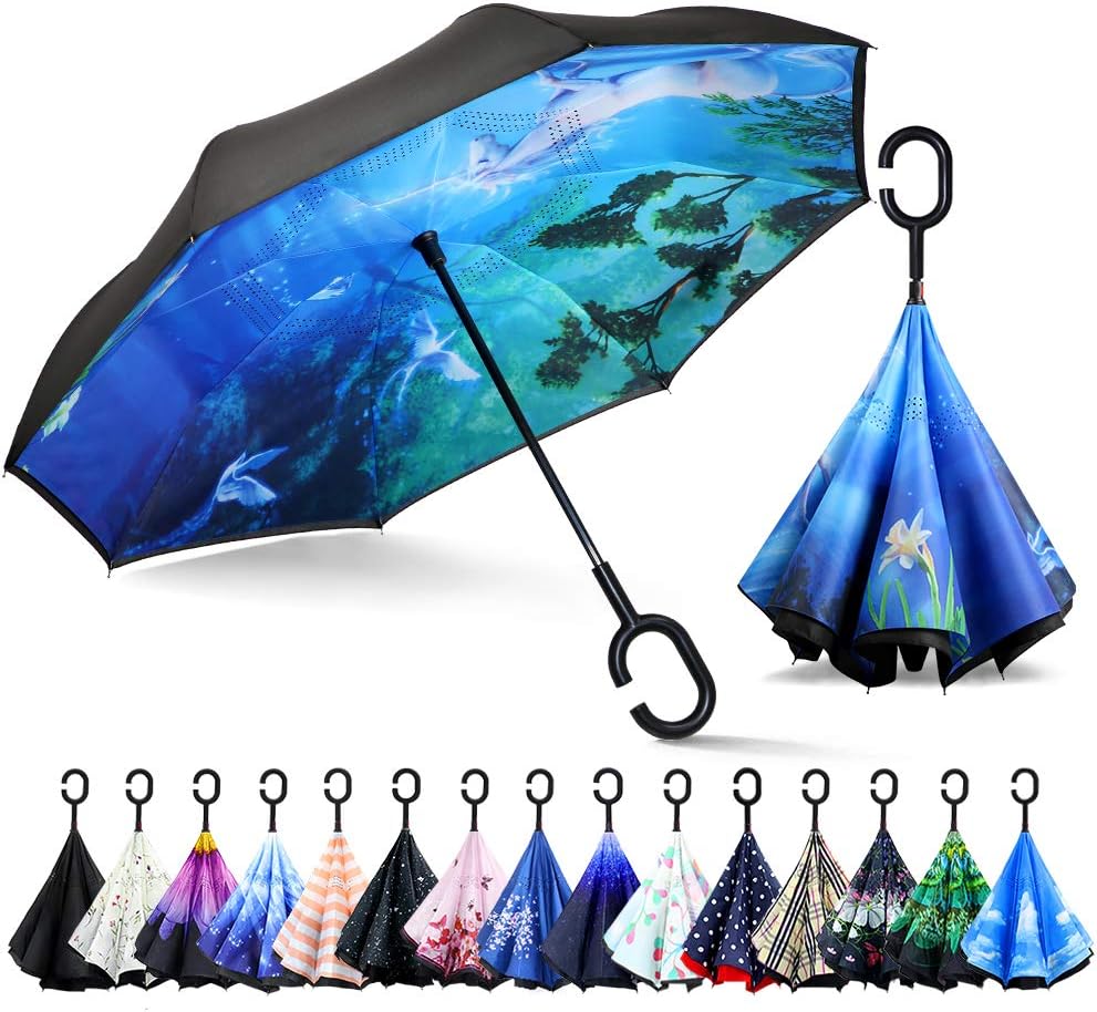 ZOMAKE Inverted Umbrella, Double Layer Reverse Umbrella Large Upside Down Umbrella with UV Protection, Windproof Inside Out Umbrella for Women with C-Shaped Handle