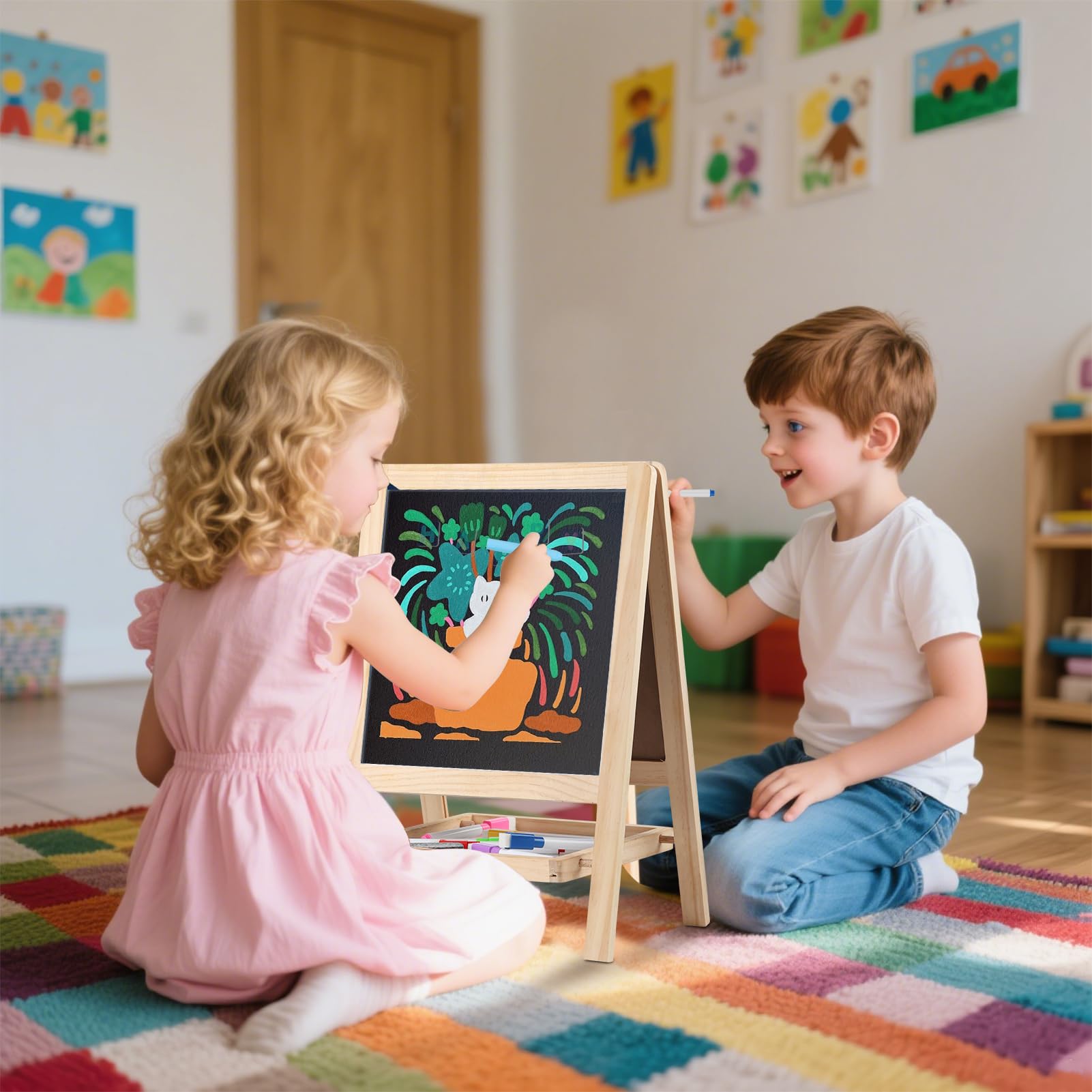 Caballete de madera de mesa para niños de 2 a 4 años, pizarra y pizarra blanca de dibujo de doble cara para niños pequeños, caballete de escritorio 4 en 1 con marcadores, borrador, tiza, letras 6