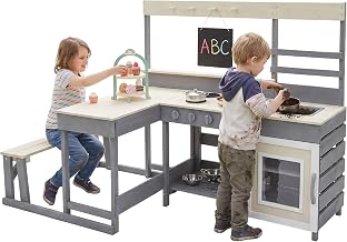Joyz Cucina Giocattolo per Bambini, in Legno Massello di Abete, Set con Piano Cottura, Lavagna, Tavolo, Panchina e Accessori, Cucina da Esterno e da Giardino, Gioco Educativo Montessori, dai 3 Anni
