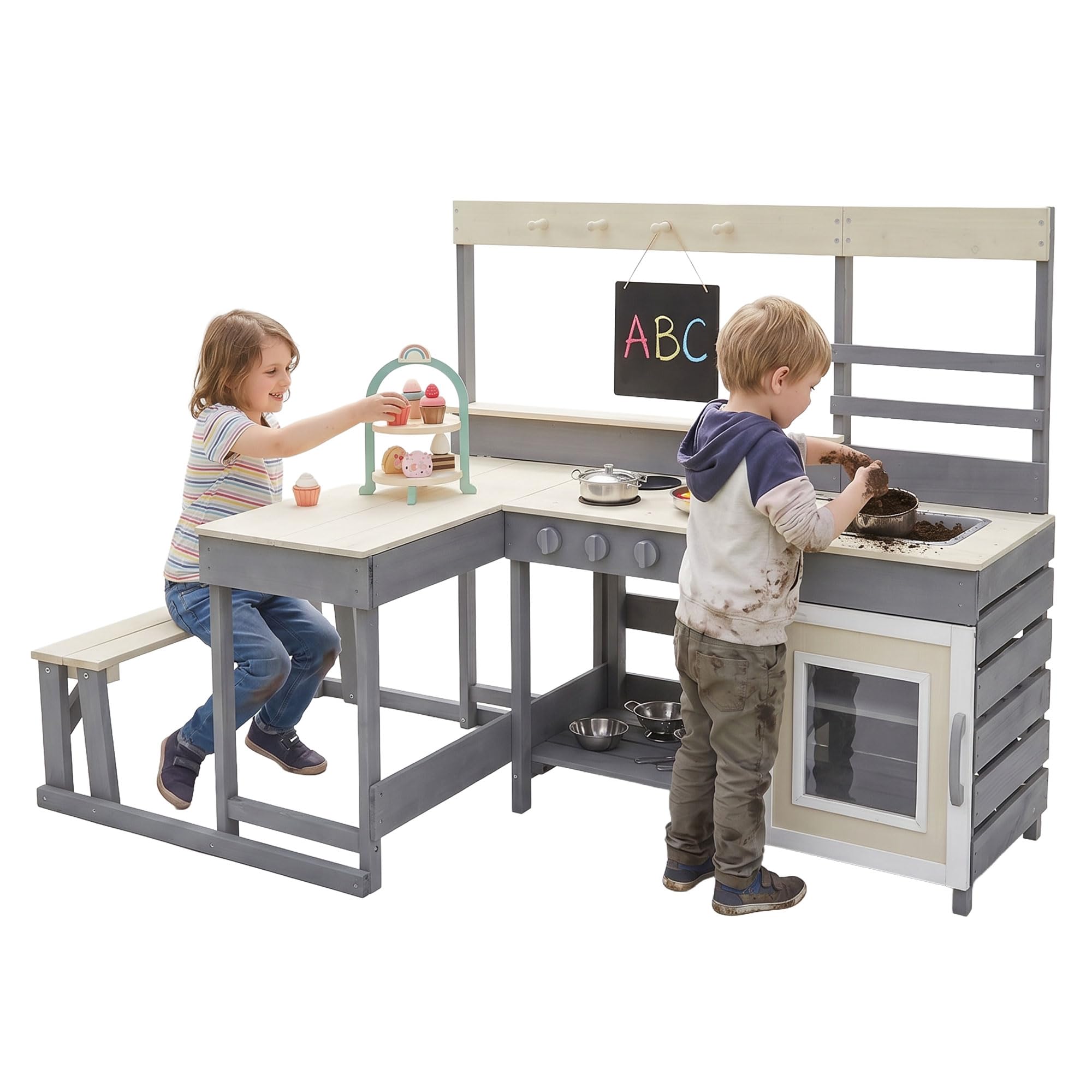Joyz Kinderküche aus Tannenholz massiv, Spielküche mit Tisch, Sitzbank, Tafel & Küchenzubehör, Outdoor Holzküche, Wetterfeste Kinderspielküche Set, Matschküche, Spielzeugküche für Kinder ab 3 Jahren