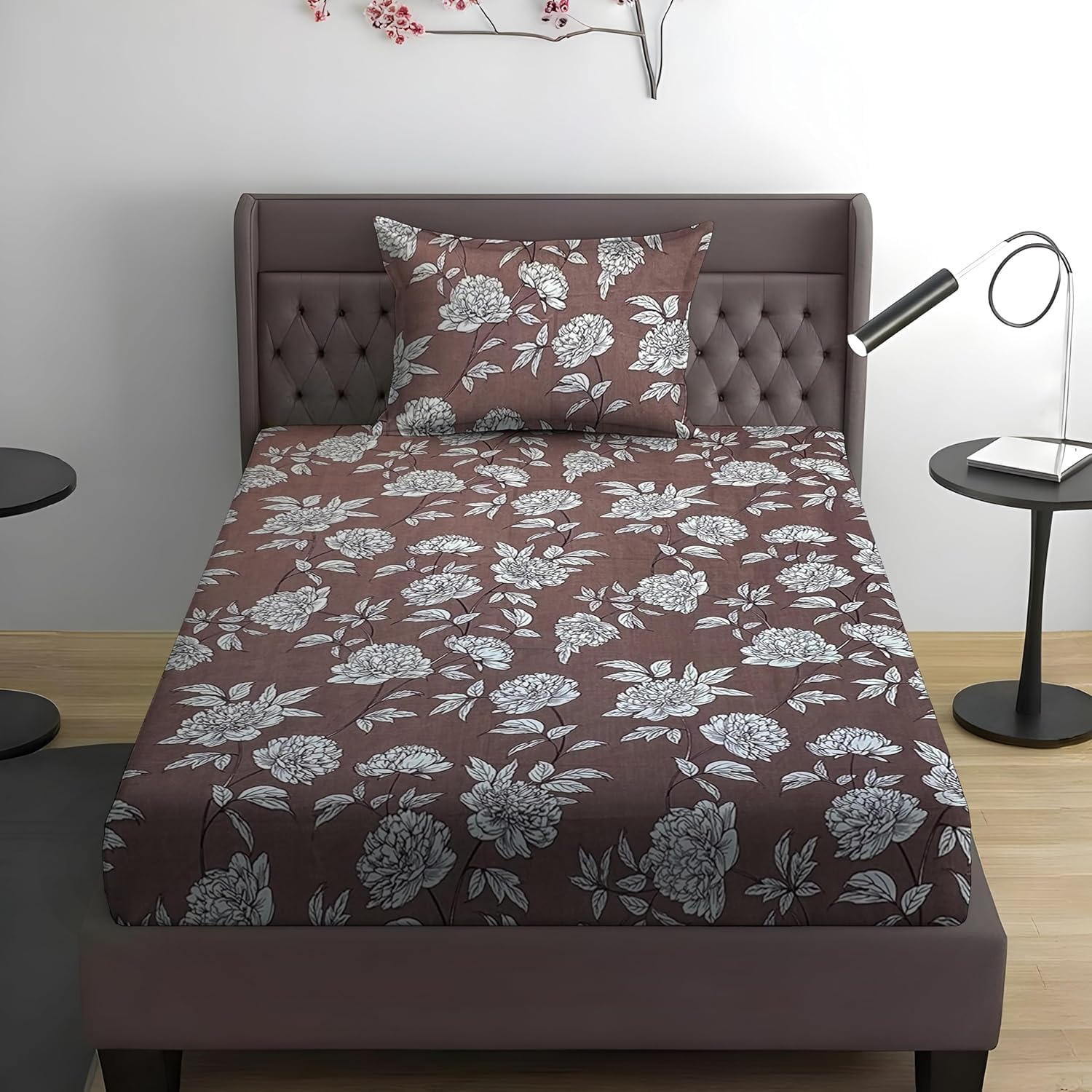 Blue Strip 220TC Glace Cotton Elastic Fitted Bedsheets Single Bed with 1 Pillow Cover | Single Bed with All Around Elastic, Size 42 X 75 Inches (Coffee Flower), Small_Single