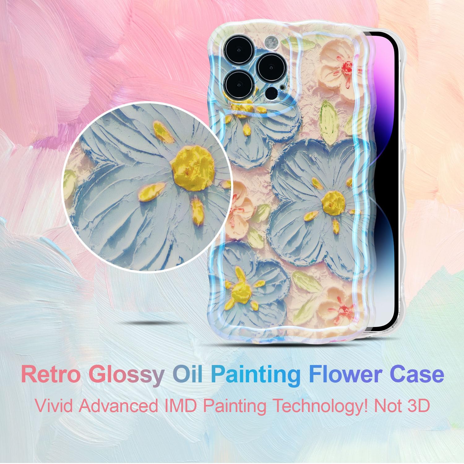 UEEBAI Case For IPhone 16e, Colorful Retro Oil Painting Flower Case Pretty Glossy Pattern Wave Cover Cute Sparkly Floral Curly Cover Stylish Shell For Women And Girl, Yellow Flower - View #12