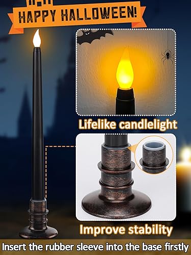 Miniatura 4 de Paquete de 6 velas negras de Halloween, velas LED sin llama con bases, llama parpadeante, velas altas cónicas que funcionan con pilas, velas sin