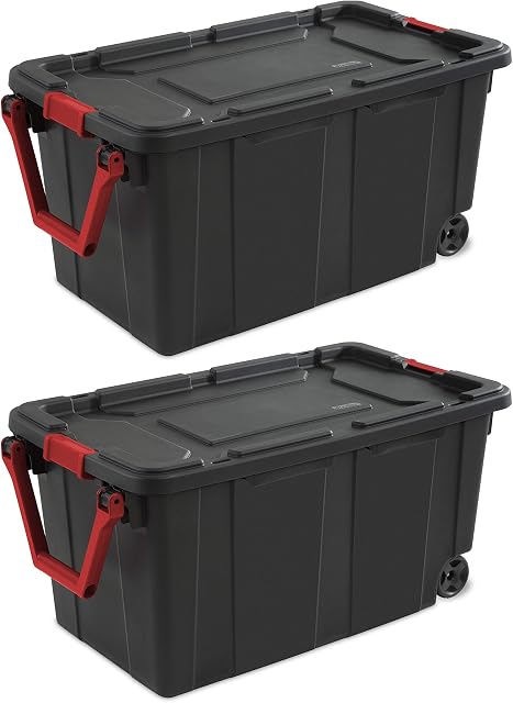 Sterilite 14699002 40 Gallon/151 Liter Wheeled Industrial Tote, Black Lid & Base w/ Racer Red Handle & Latches, 2-Pack