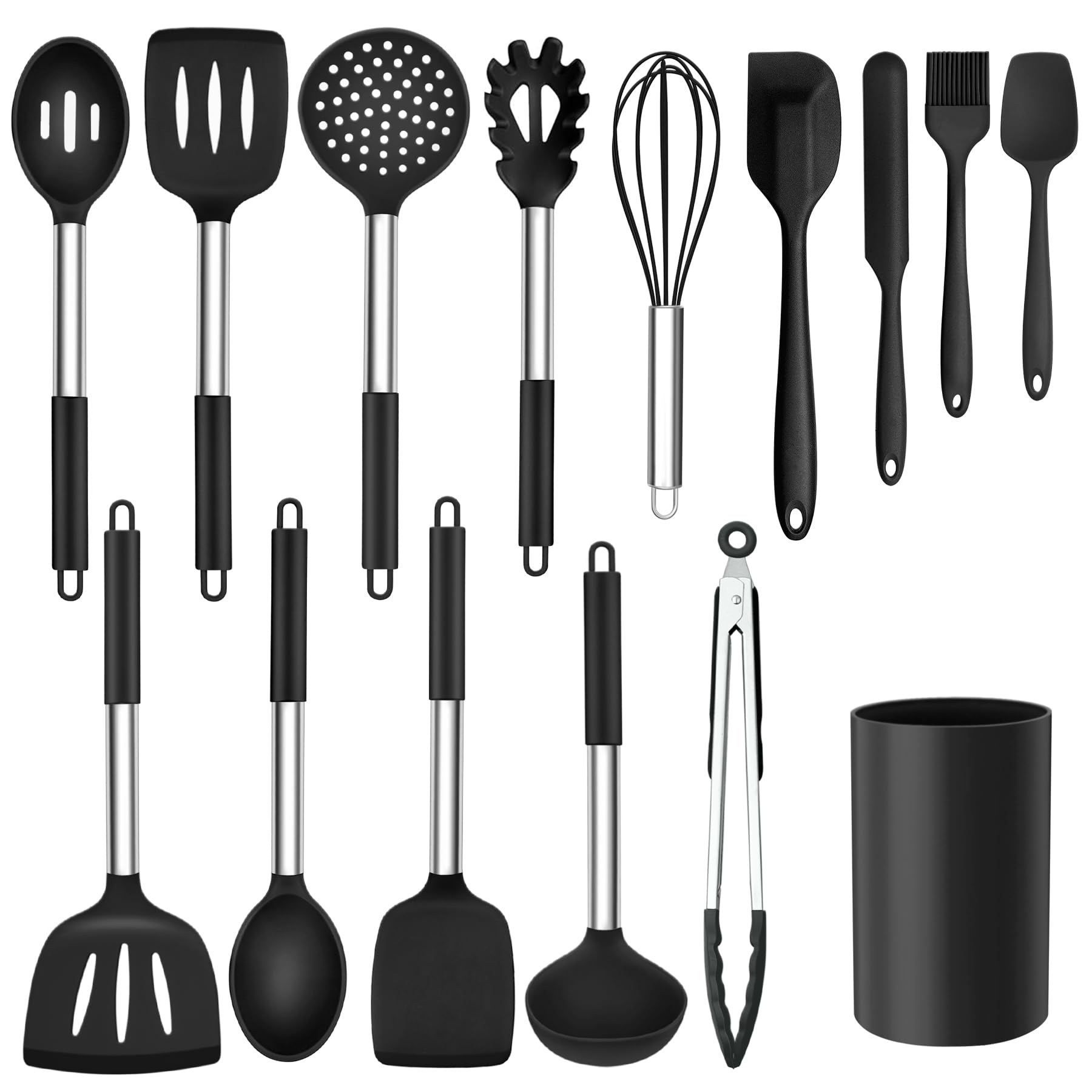 Onader Kitchen Utensils Set, 15 Pcs Silicone Cooking Utensils Set with Holder and Heat Resistant Stainless Steel Handle for Nonstick Cookware - Black